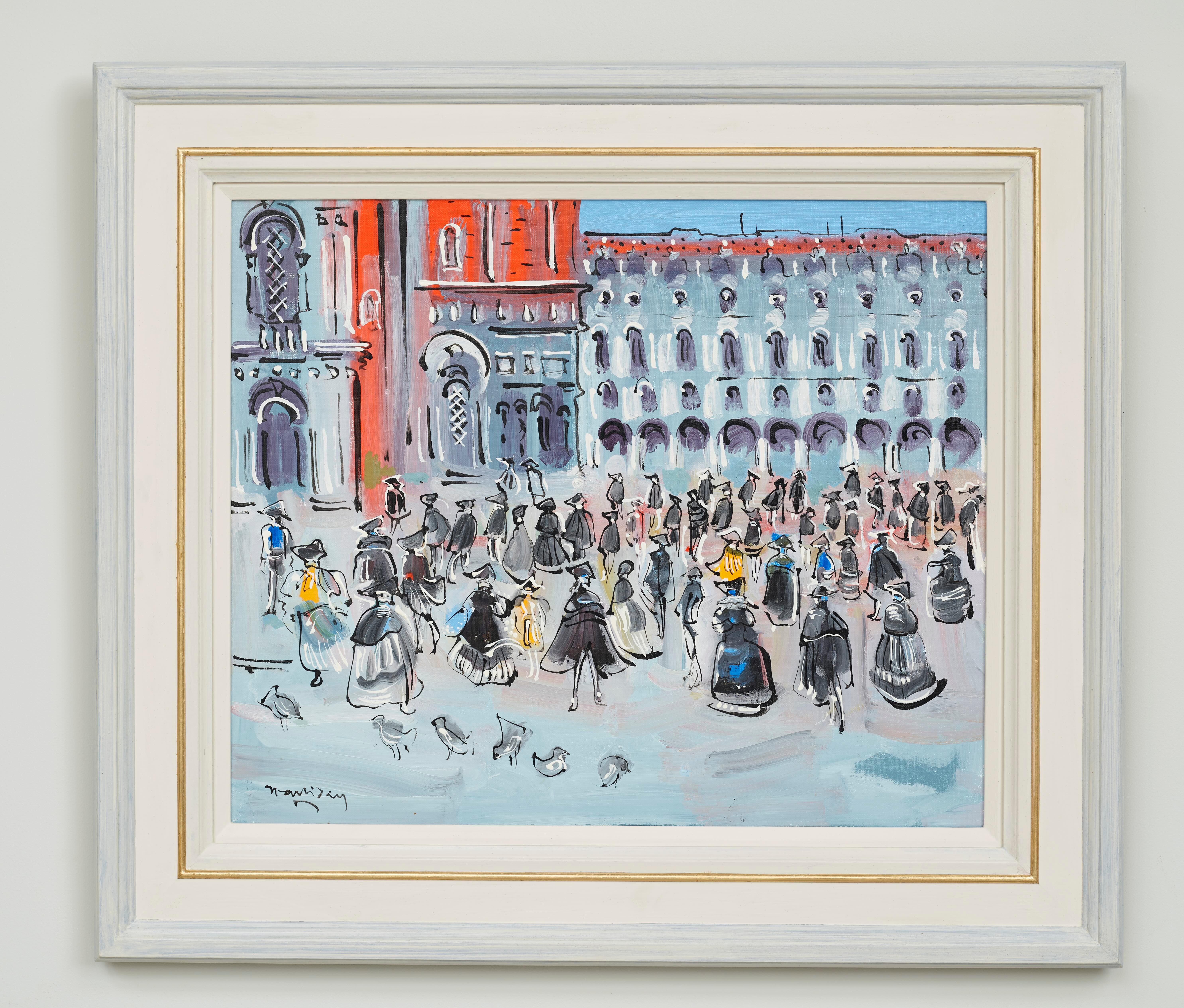 Die Piazza, Karneval Landschaft Figurative Malerei von Venedig, Gebäude, Dufy – Painting von Alan Halliday