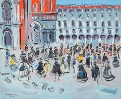 The Piazza, Carnival Landscape Figurative painting of Venice, building, Dufy