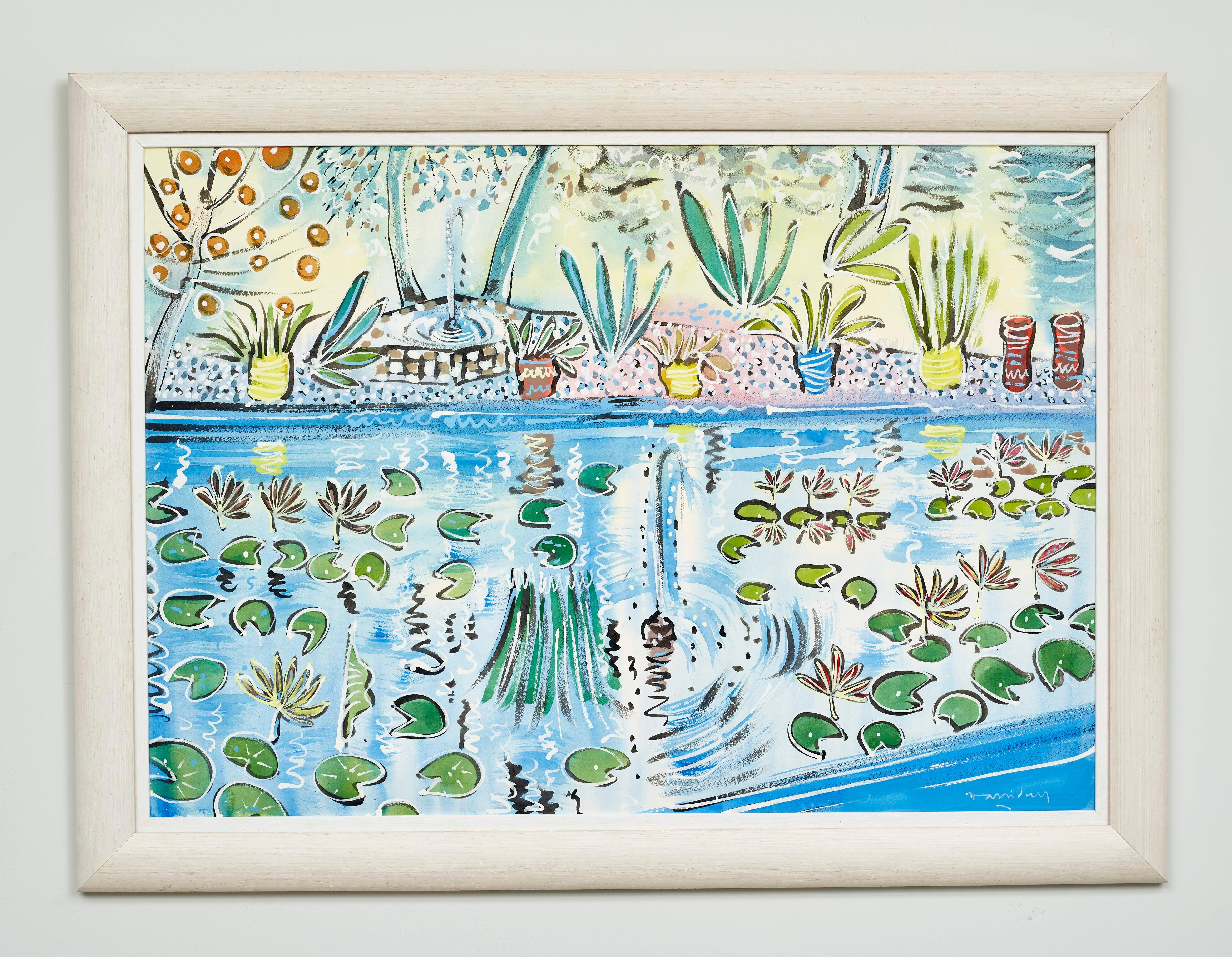 L'étang du Jardin Majorelle, Marrakech Paysage vibrant de plantes et de fleurs - Painting de Alan Halliday