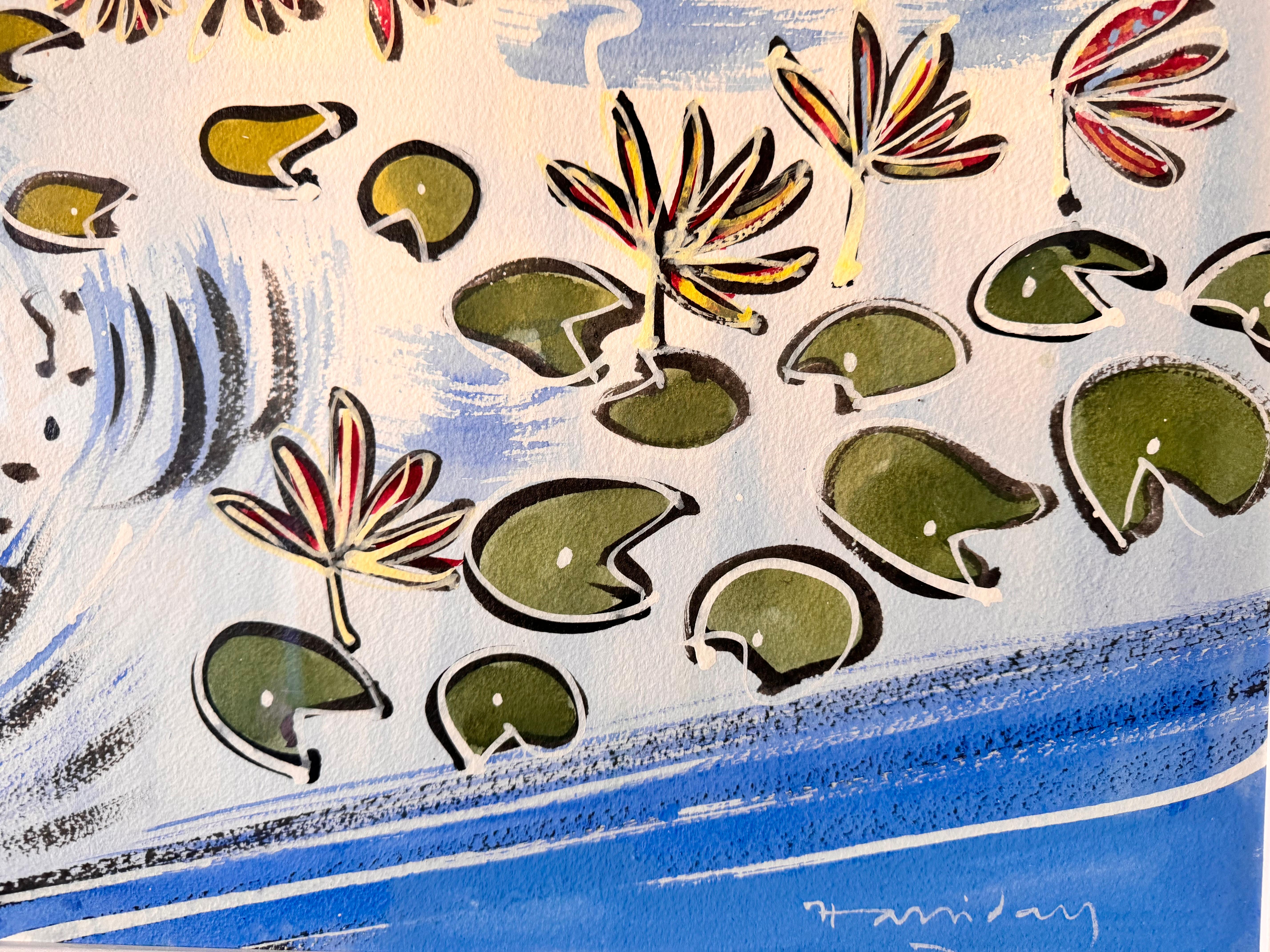 L'étang du Jardin Majorelle, Marrakech Paysage vibrant de plantes et de fleurs - Abstrait Painting par Alan Halliday