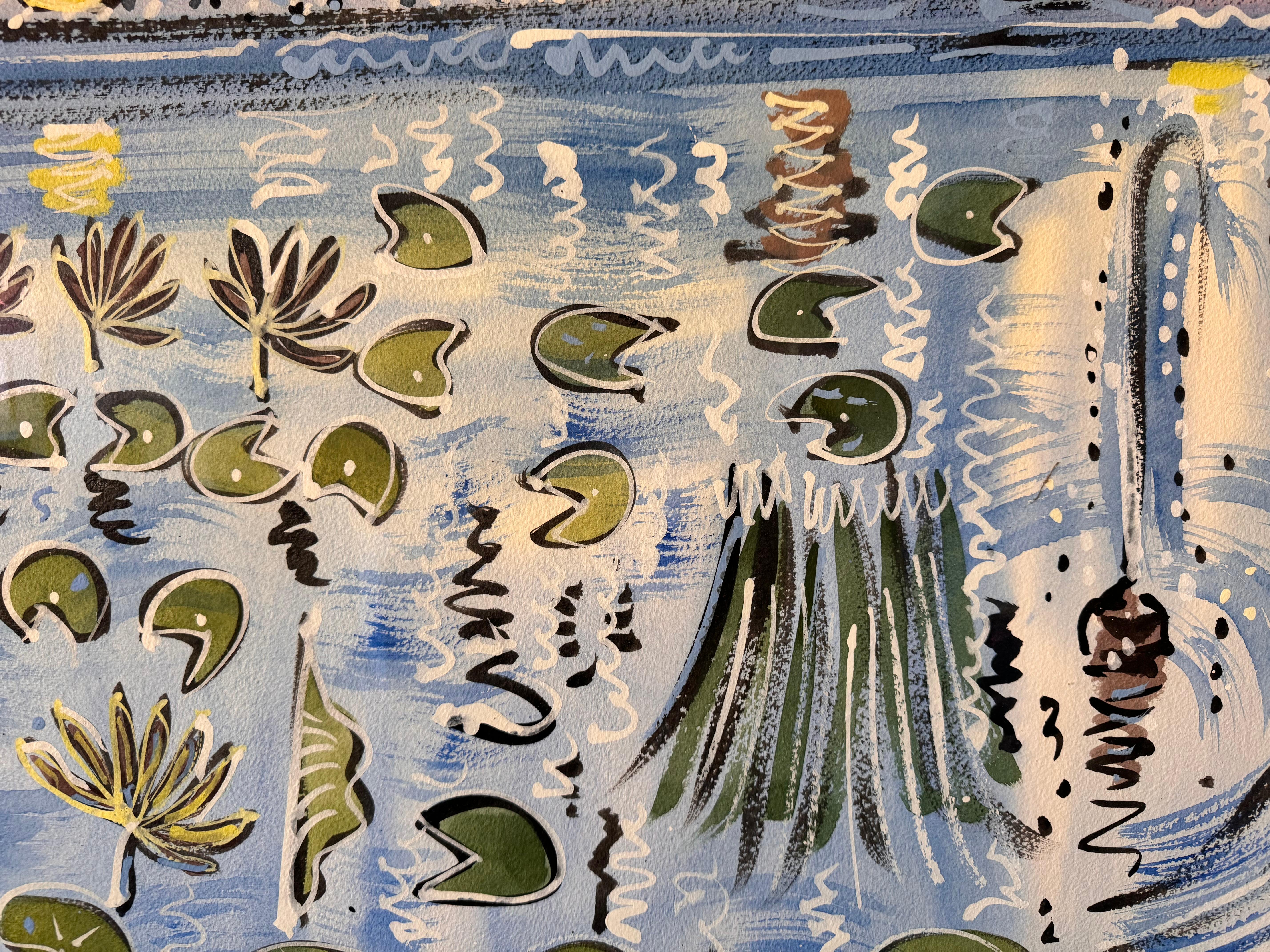 L'étang du Jardin Majorelle, Marrakech Paysage vibrant de plantes et de fleurs - Gris Landscape Painting par Alan Halliday