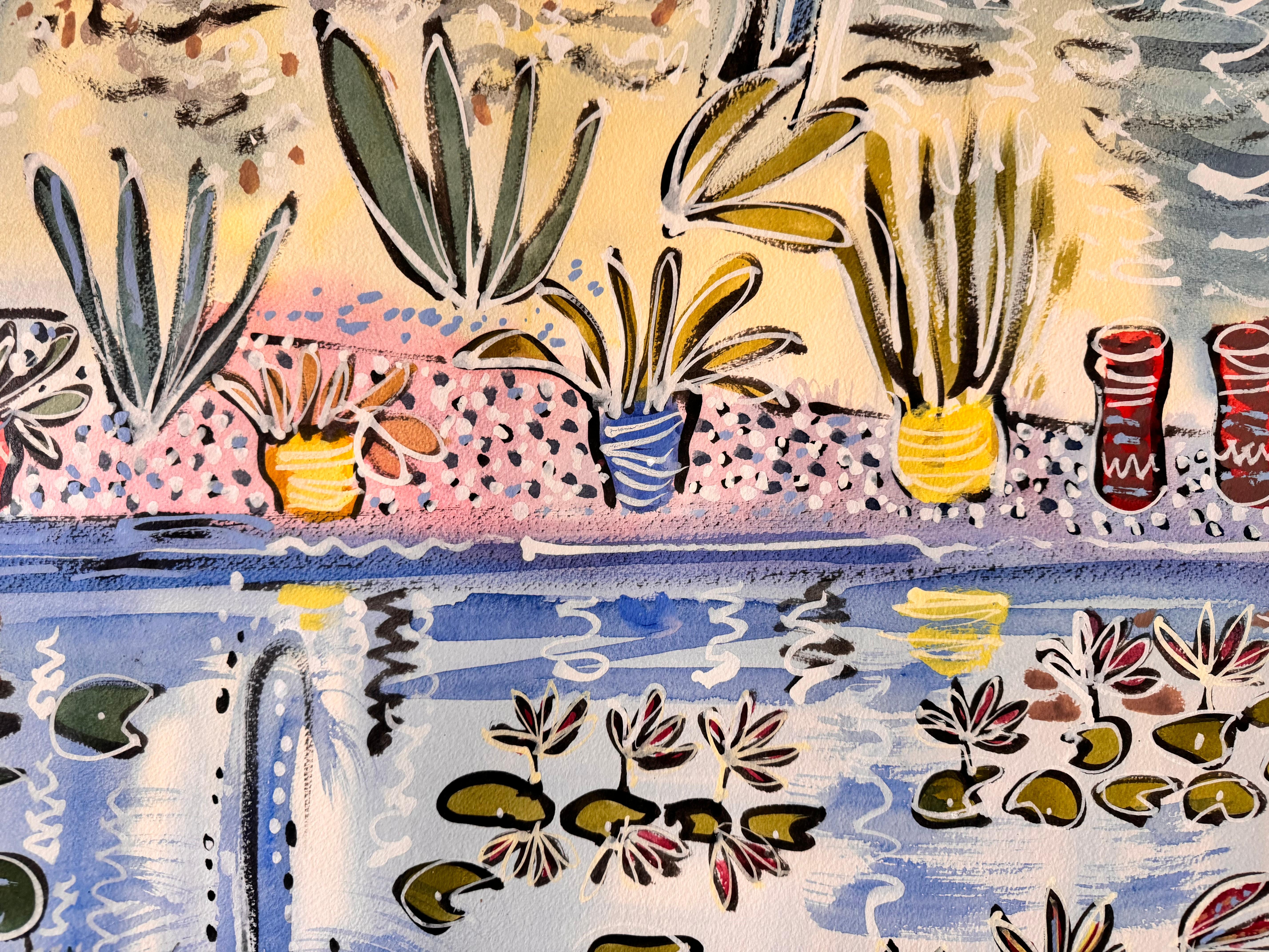 L'étang du Jardin Majorelle d'Alan Halliday est une peinture vibrante et expressive qui capture la beauté luxuriante du célèbre jardin marocain. La scène représente un étang tranquille rempli de nénuphars flottants et de fleurs de lotus épanouies,