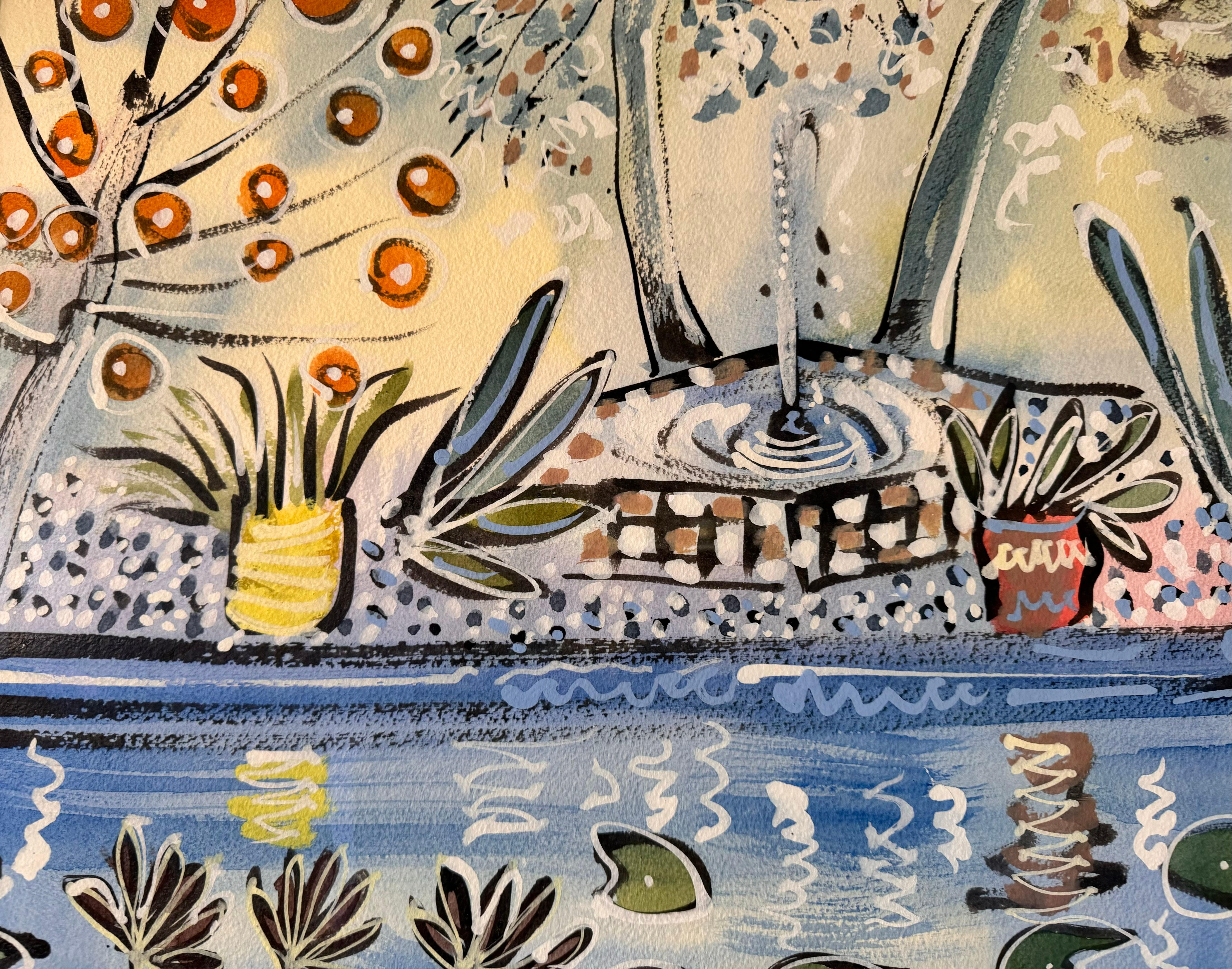 L'étang du Jardin Majorelle, Marrakech Paysage vibrant de plantes et de fleurs en vente 1