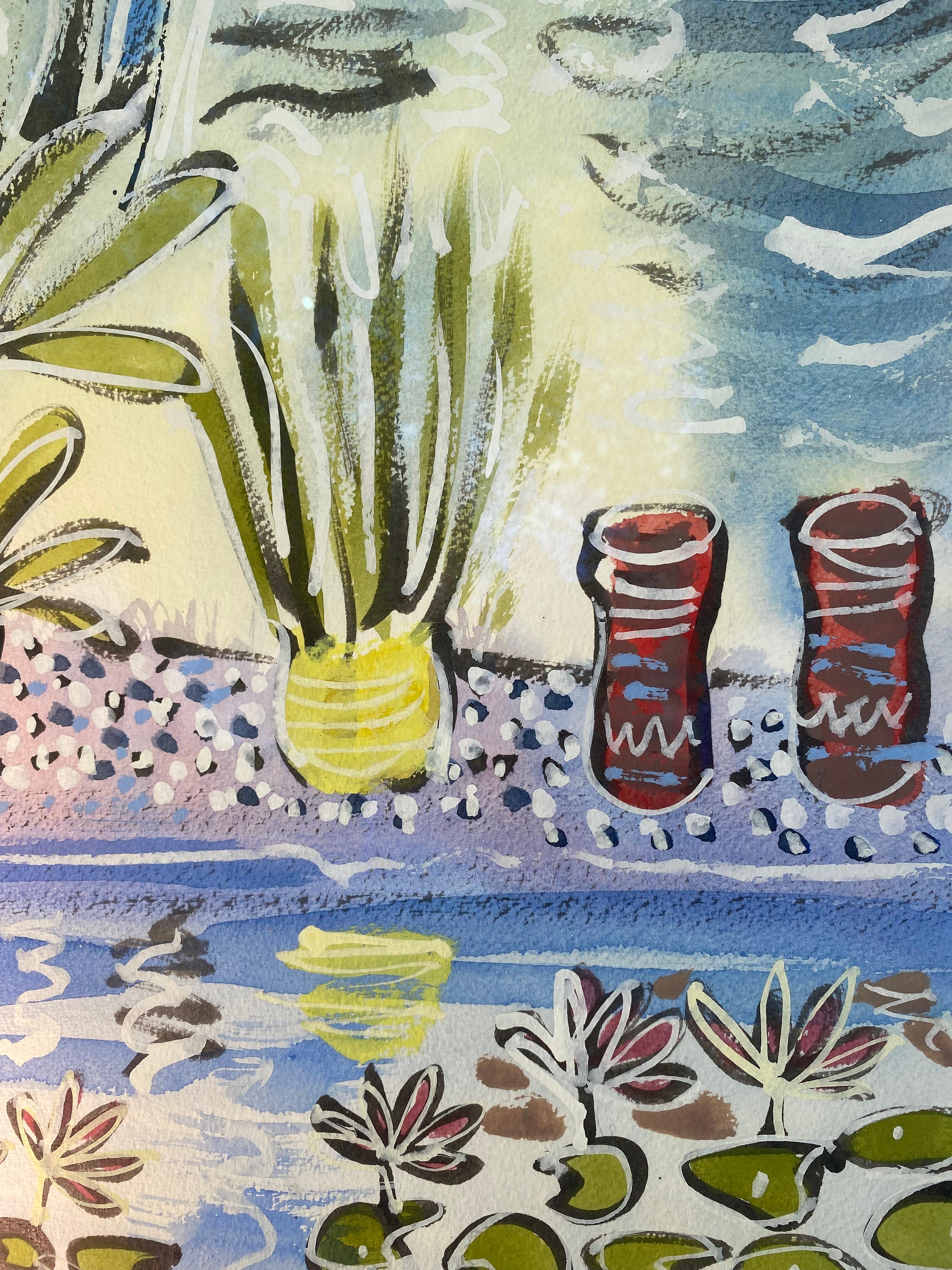 L'étang du Jardin Majorelle, Marrakech Paysage vibrant de plantes et de fleurs en vente 2