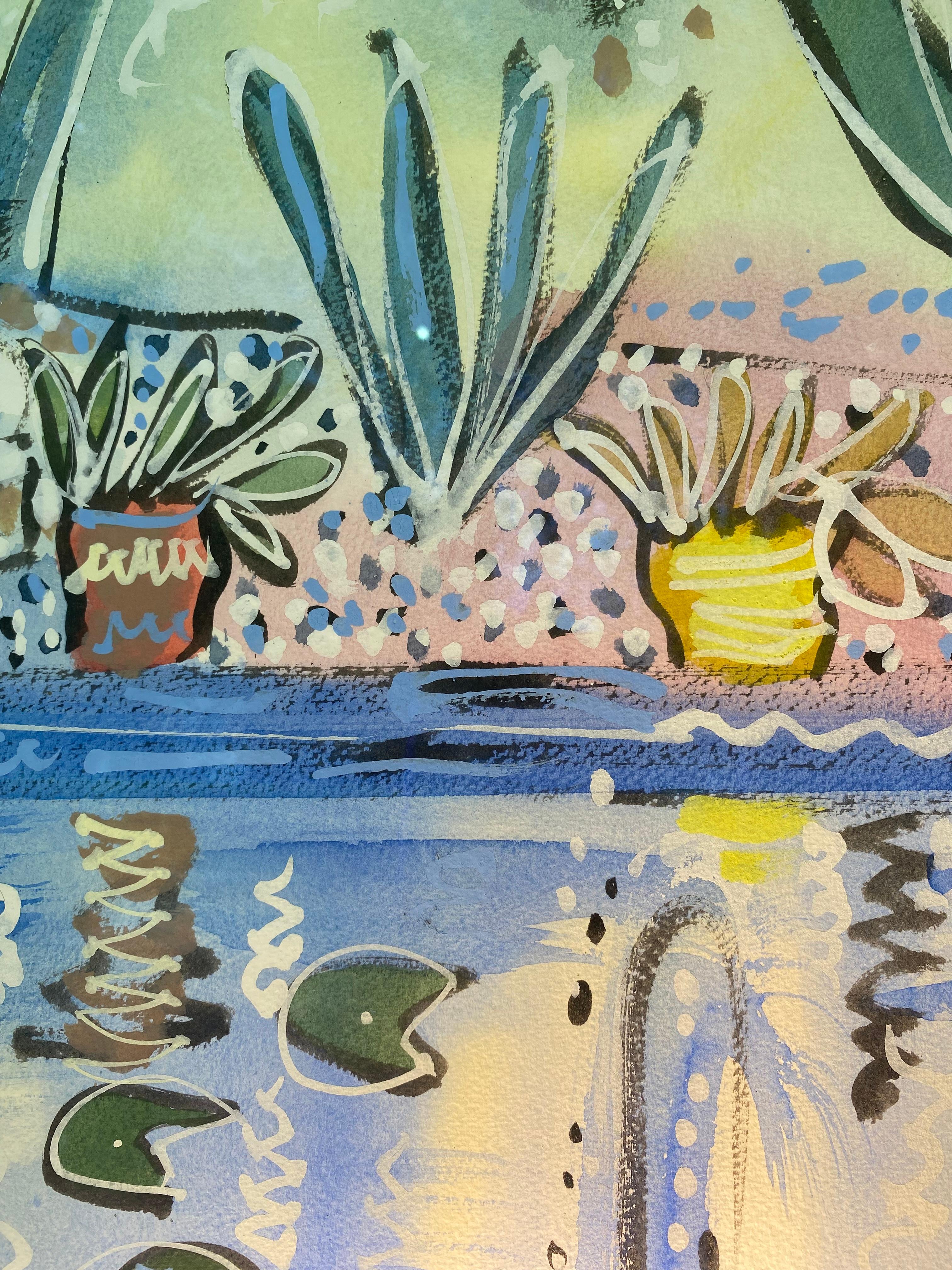 L'étang du Jardin Majorelle, Marrakech Paysage vibrant de plantes et de fleurs en vente 3