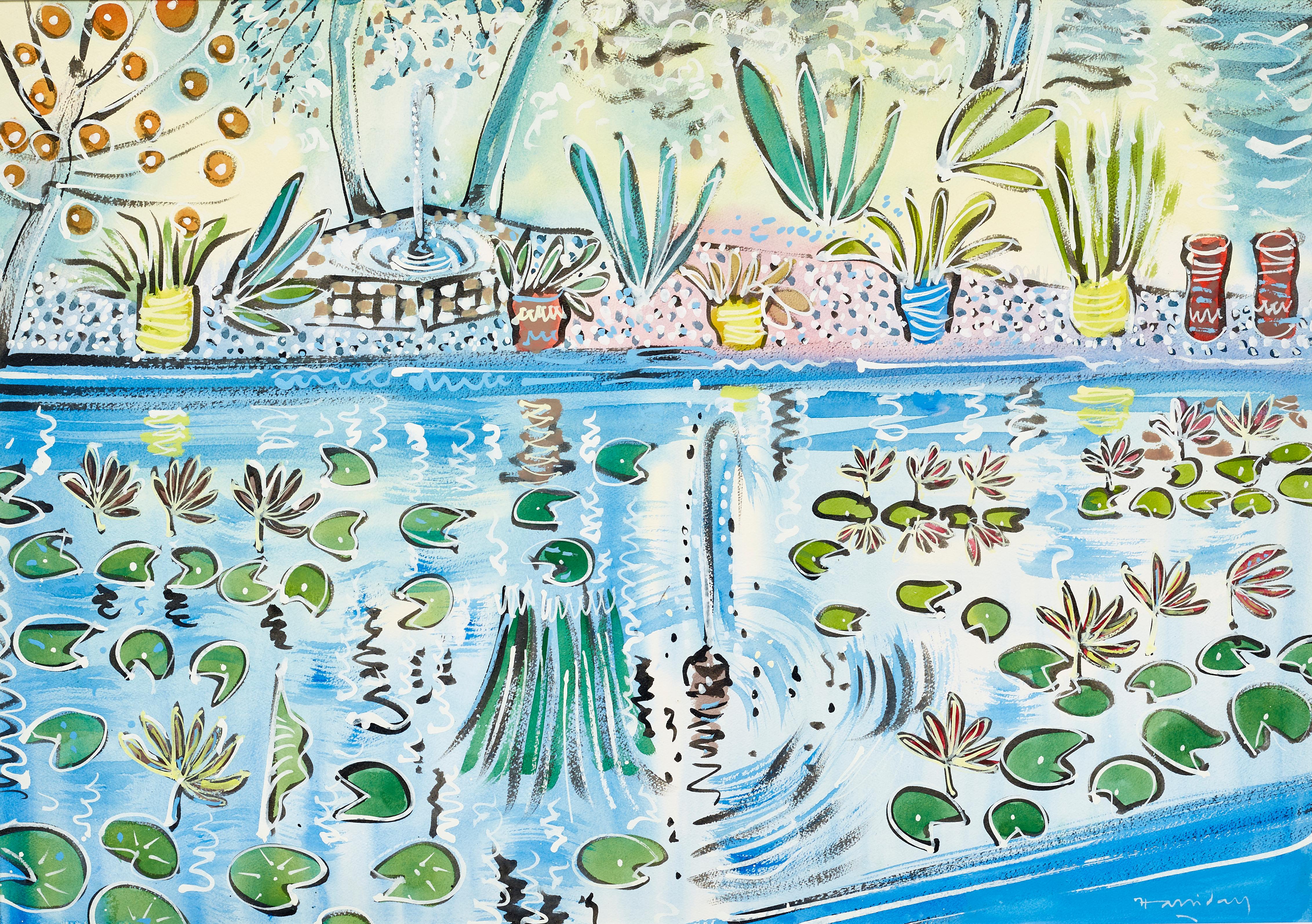 Der Teich im Jardin Majorelle, Marrakesch Lebendige Landschaft aus Pflanzen, Blumen