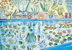 Der Teich im Jardin Majorelle, Marrakesch Lebendige Landschaft aus Pflanzen, Blumen