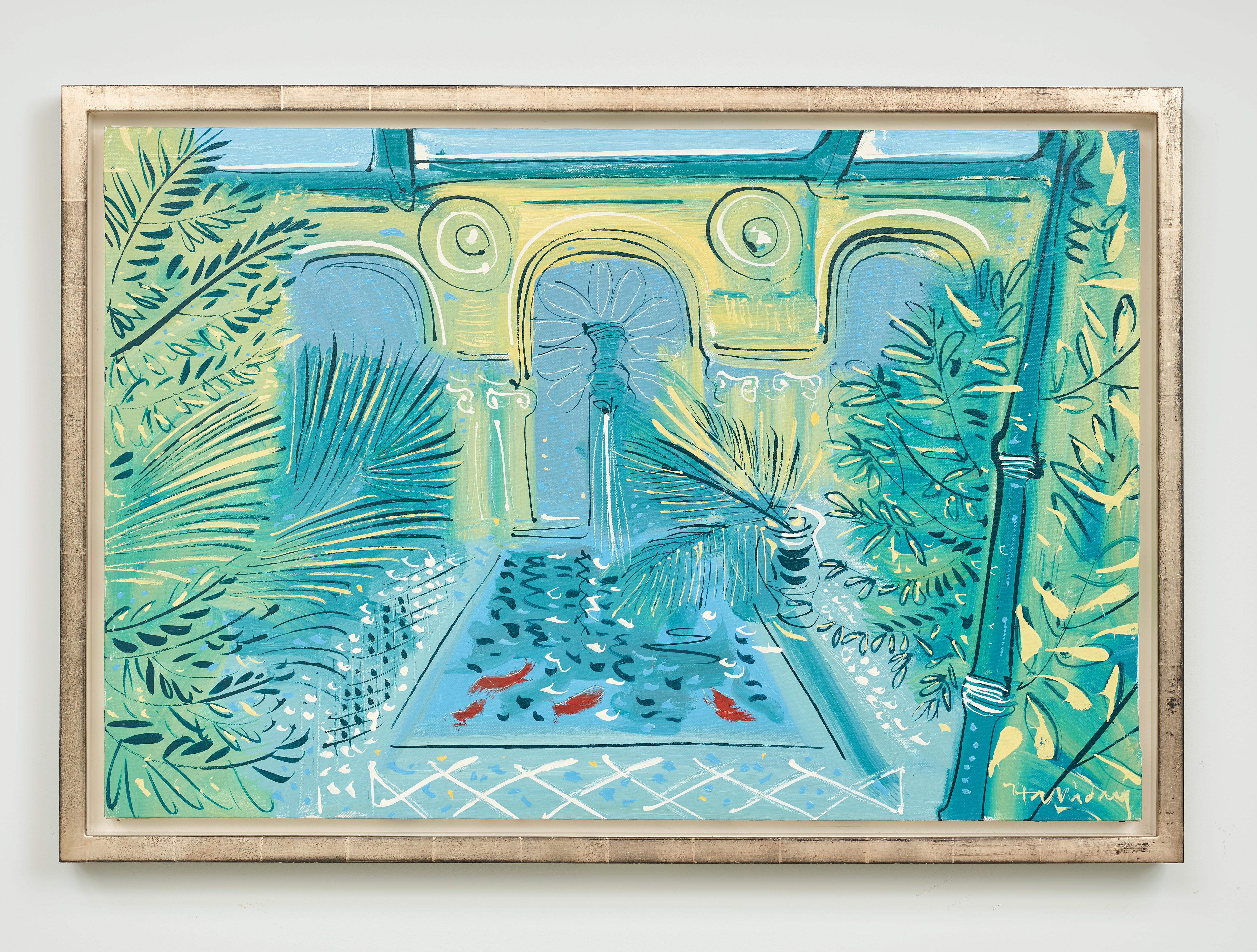 Der spanische Garten, Villa Ephrussi Mediterrane Farben in Blau und Grün – Painting von Alan Halliday