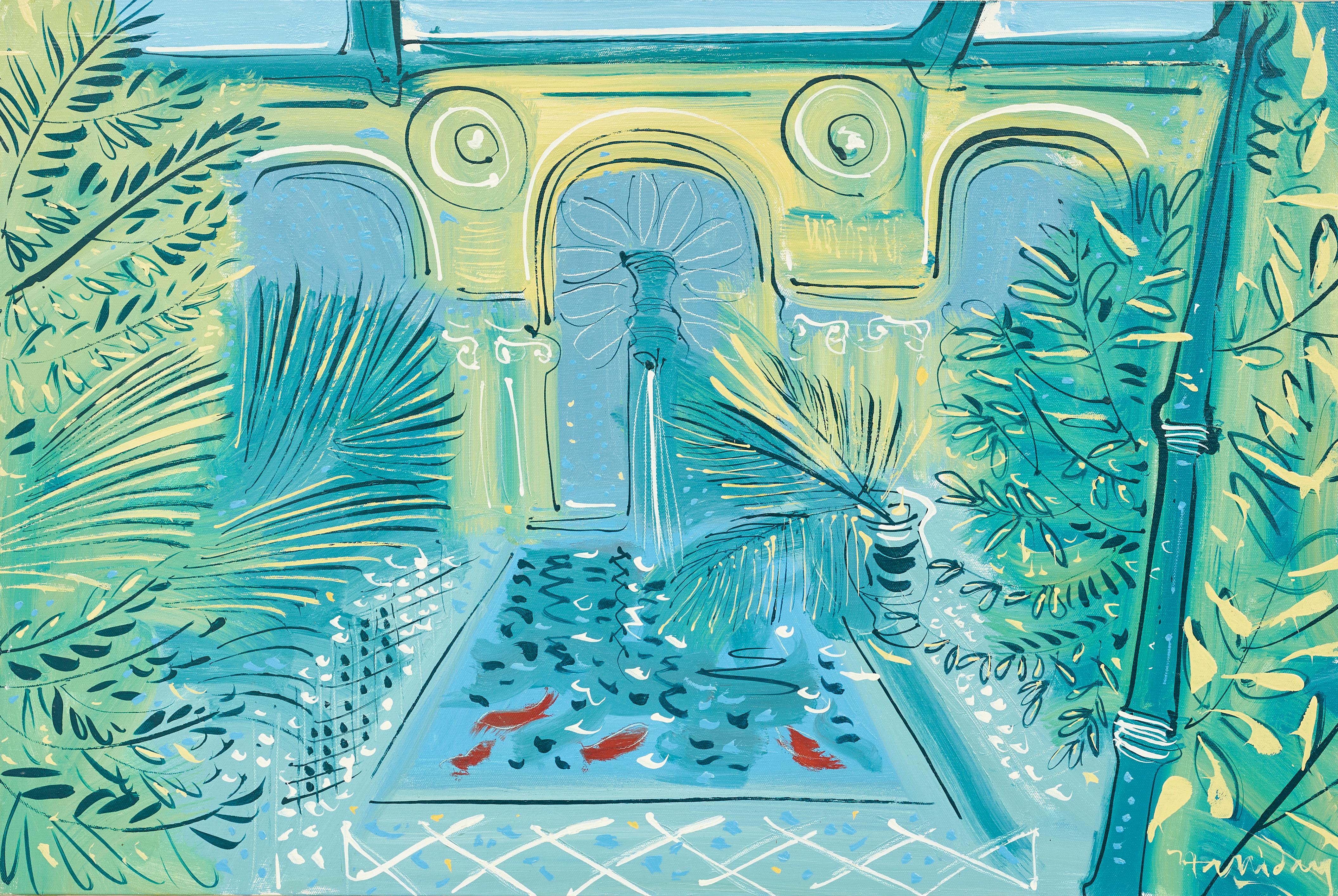 Alan Halliday Landscape Painting – Der spanische Garten, Villa Ephrussi Mediterrane Farben in Blau und Grün