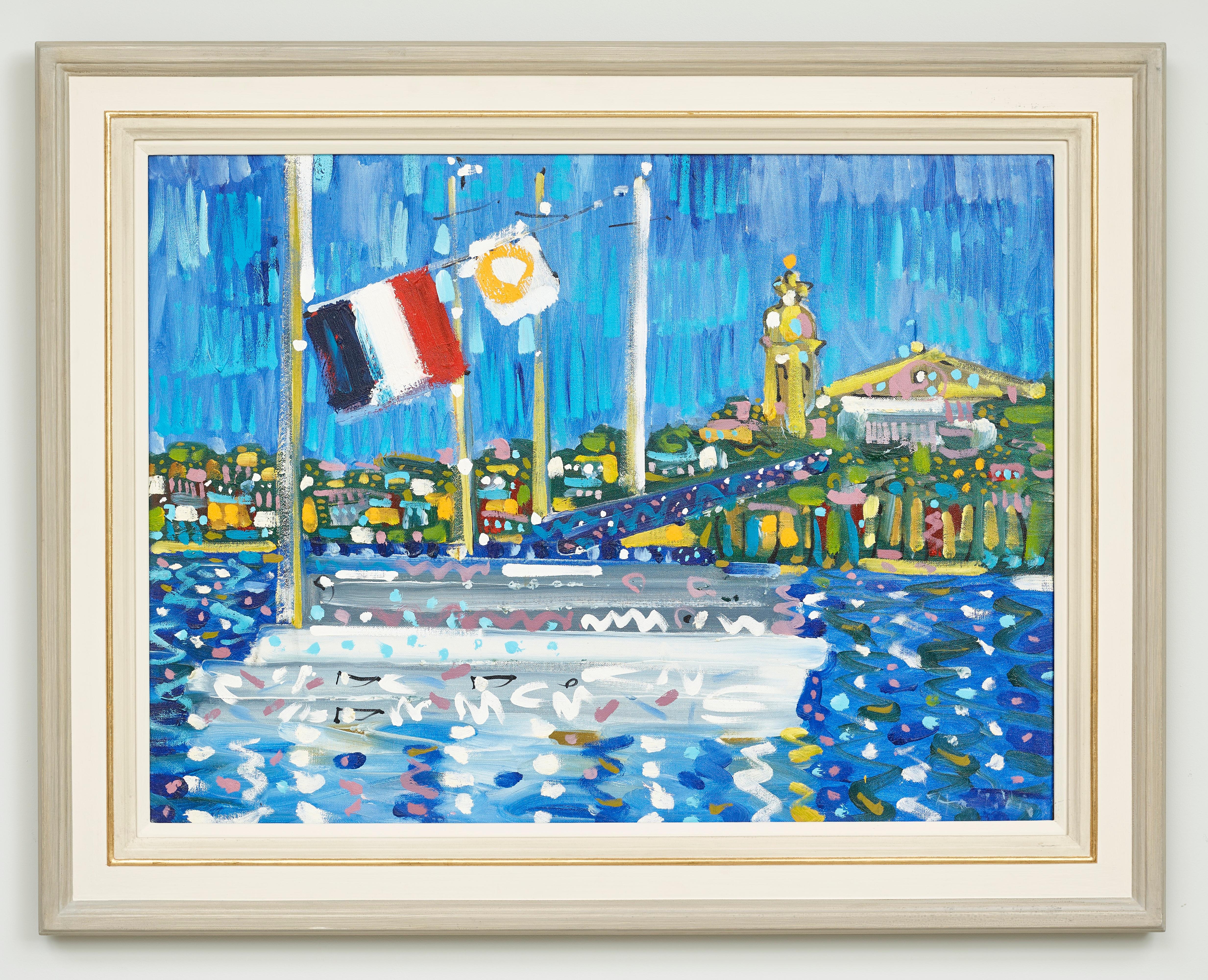 Yachten in St. Tropez Mittelmeer Landschaft Gemälde von Frankreich, Boot, Wasser – Painting von Alan Halliday