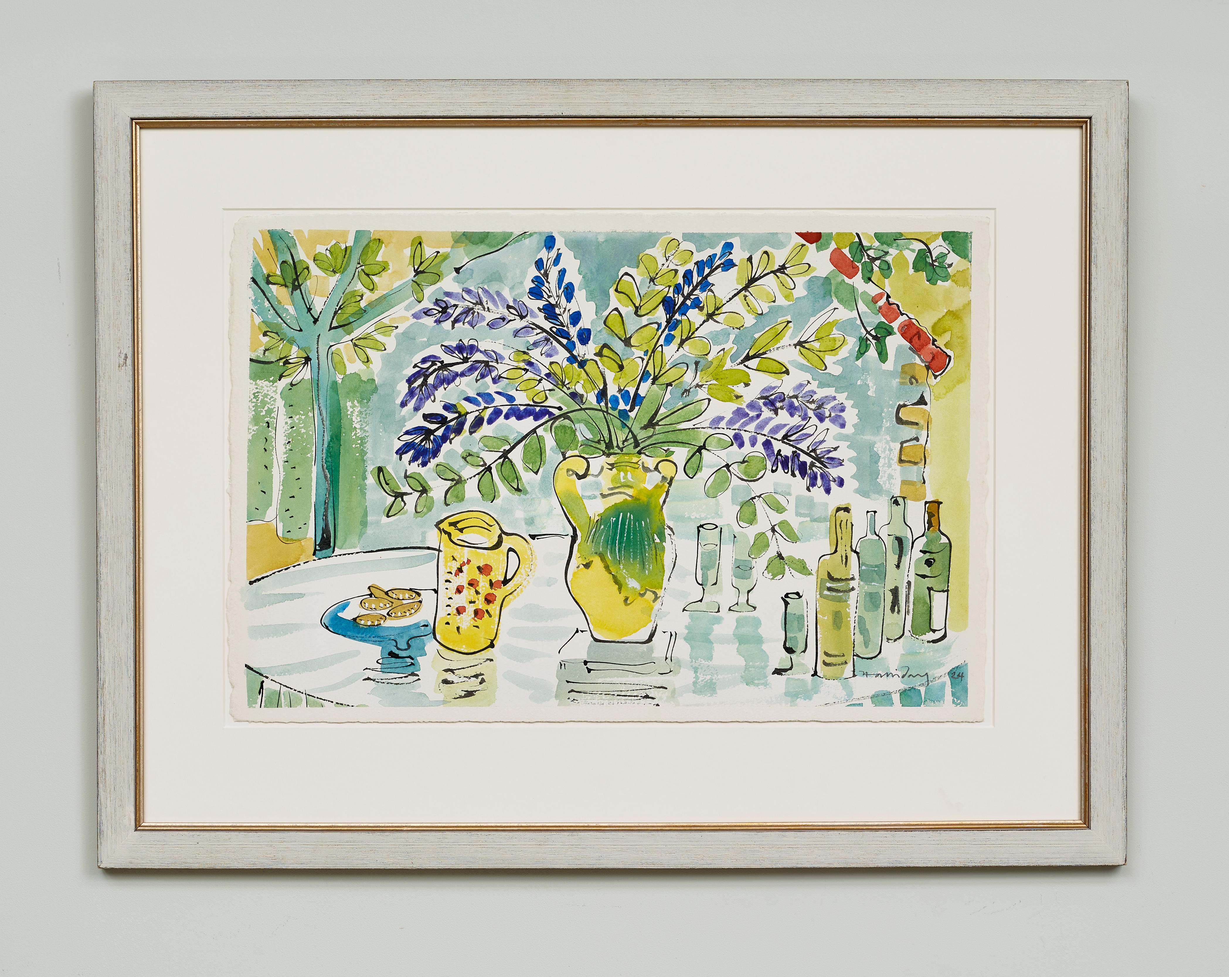 Nature morte méditerranéenne Peinture d'intérieur abstraite de fleurs dans un vase jaune - Painting de Alan Halliday