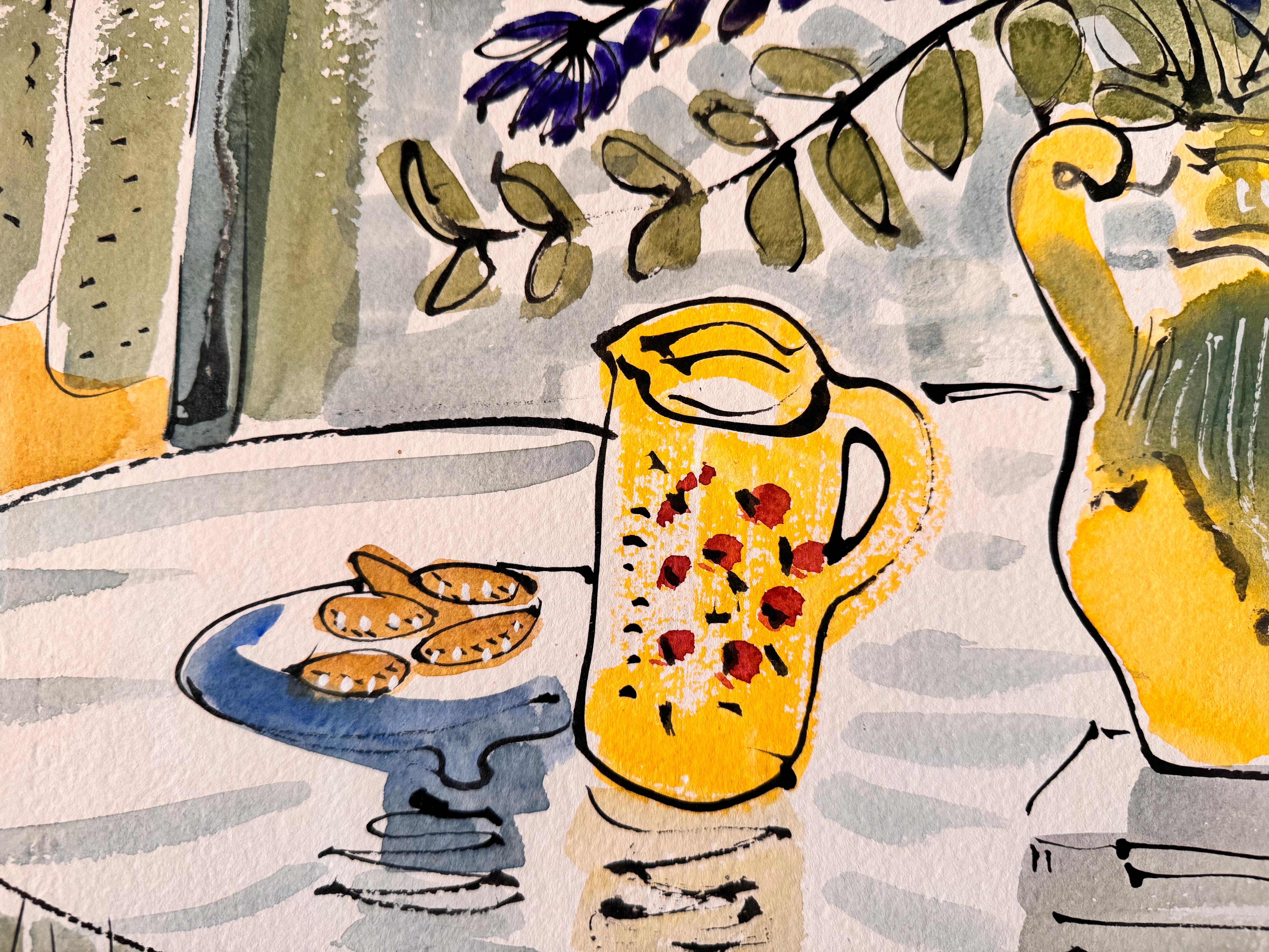 Nature morte méditerranéenne Peinture d'intérieur abstraite de fleurs dans un vase jaune - Beige Interior Painting par Alan Halliday