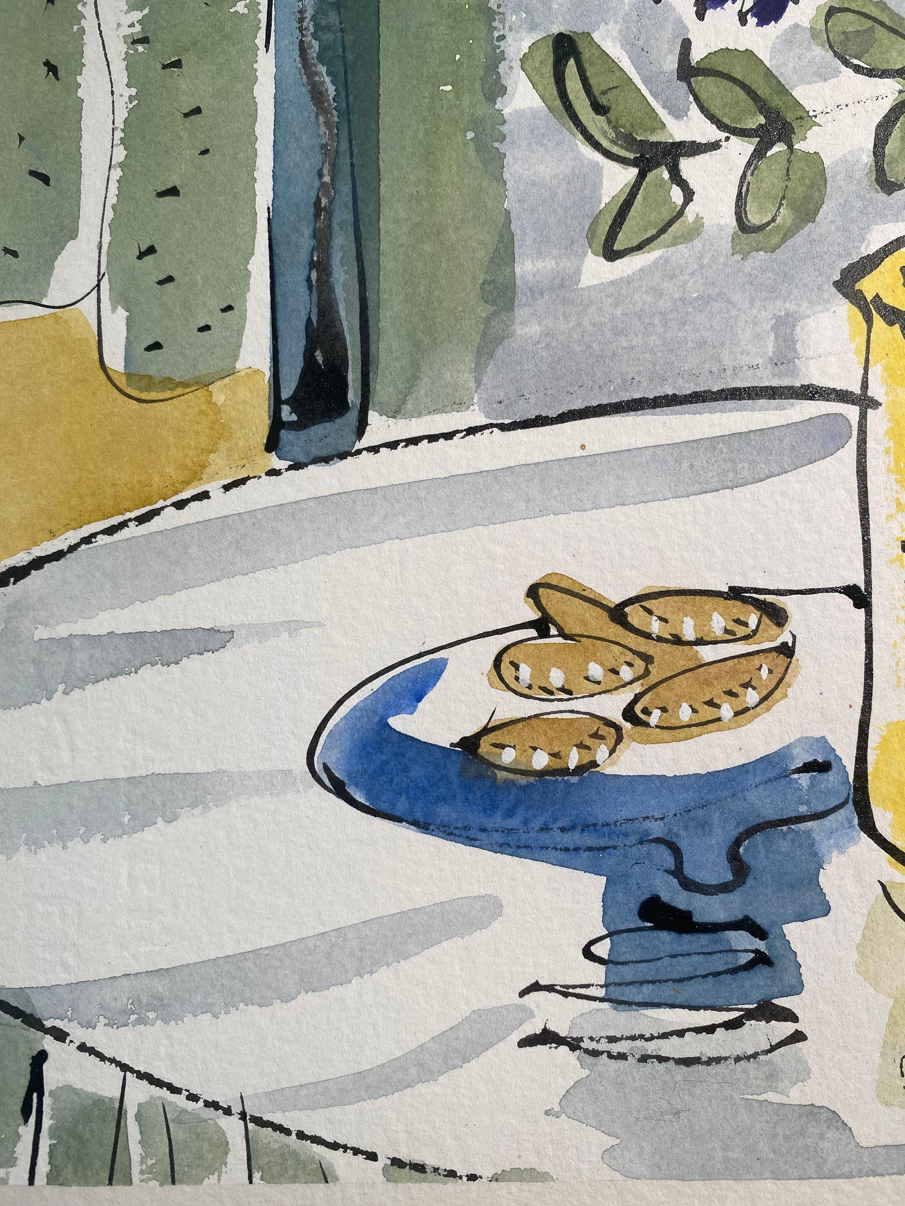 Nature morte méditerranéenne Peinture d'intérieur abstraite de fleurs dans un vase jaune en vente 1