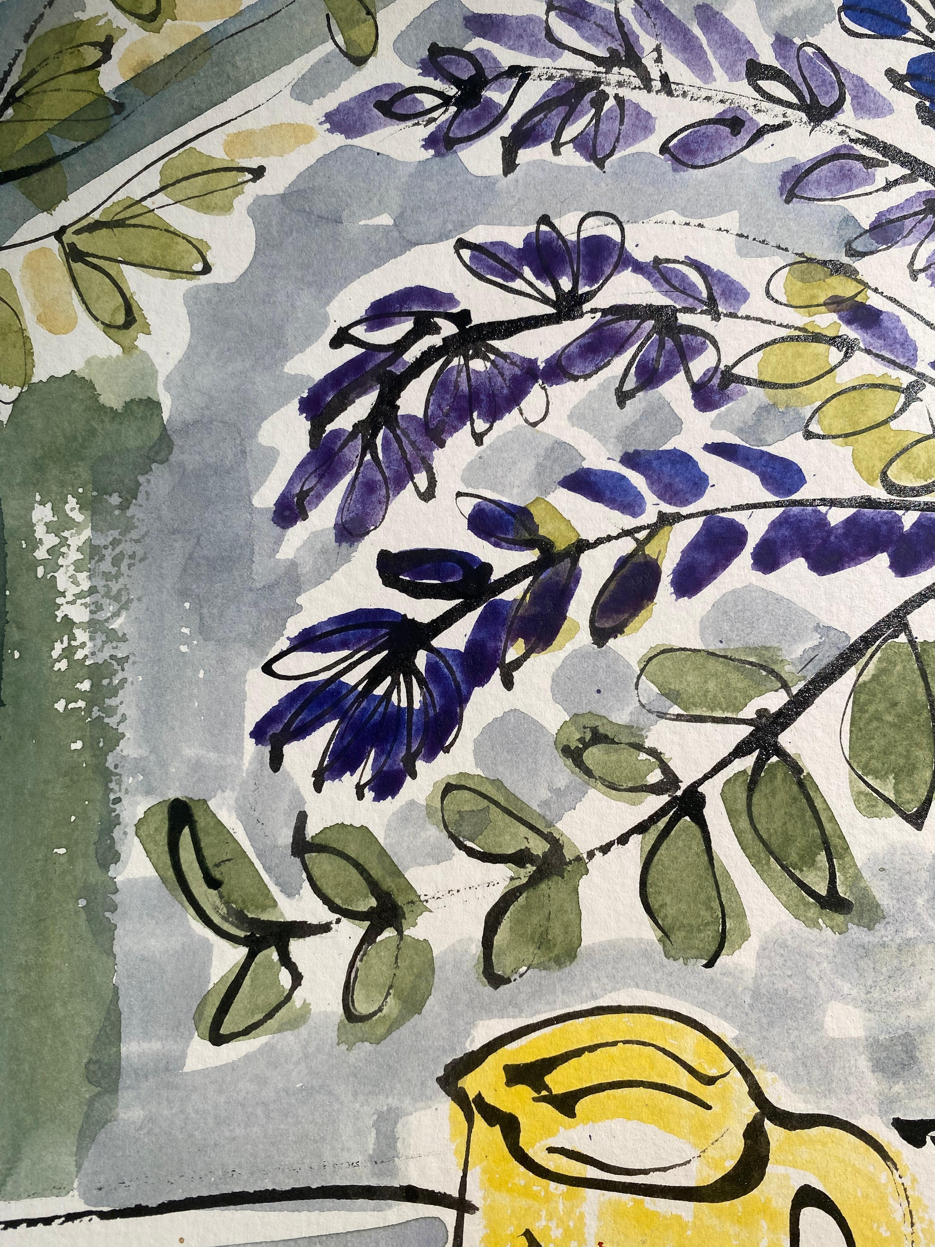 Nature morte méditerranéenne Peinture d'intérieur abstraite de fleurs dans un vase jaune en vente 2