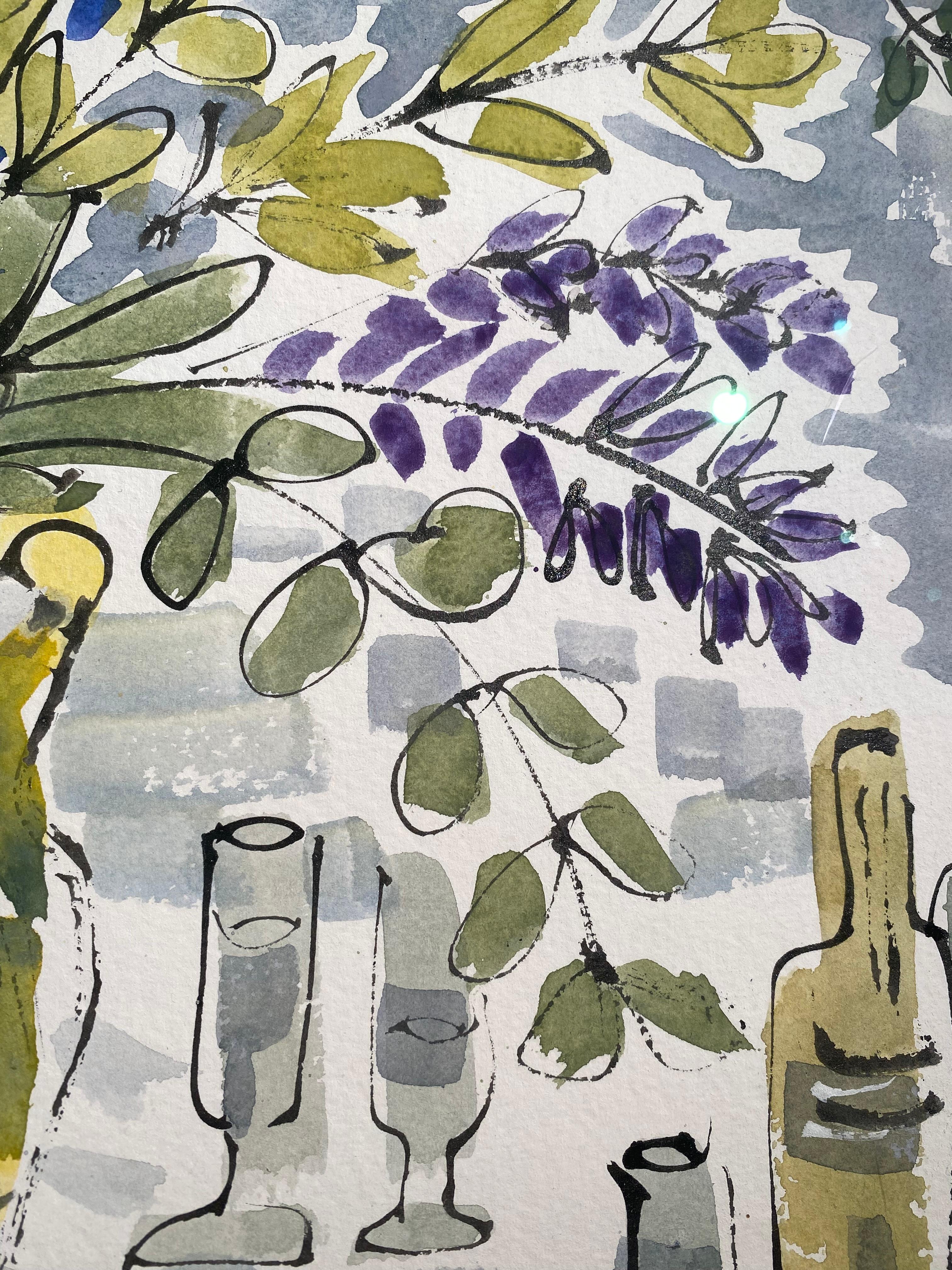 Nature morte méditerranéenne Peinture d'intérieur abstraite de fleurs dans un vase jaune en vente 3