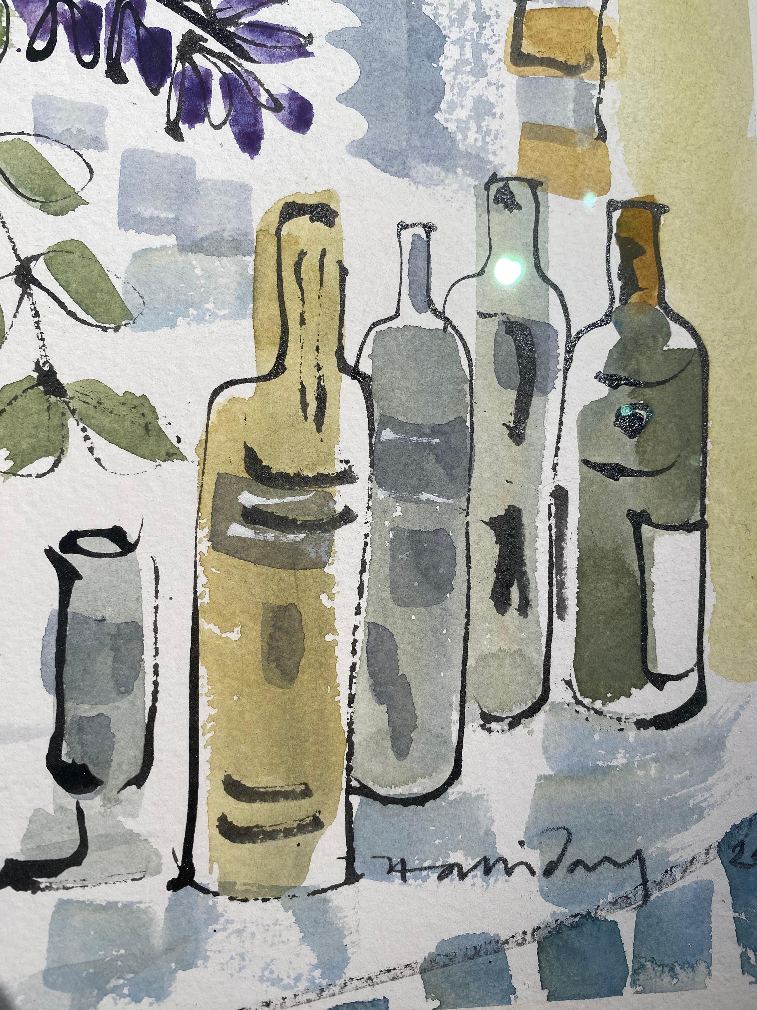 Nature morte méditerranéenne Peinture d'intérieur abstraite de fleurs dans un vase jaune en vente 4