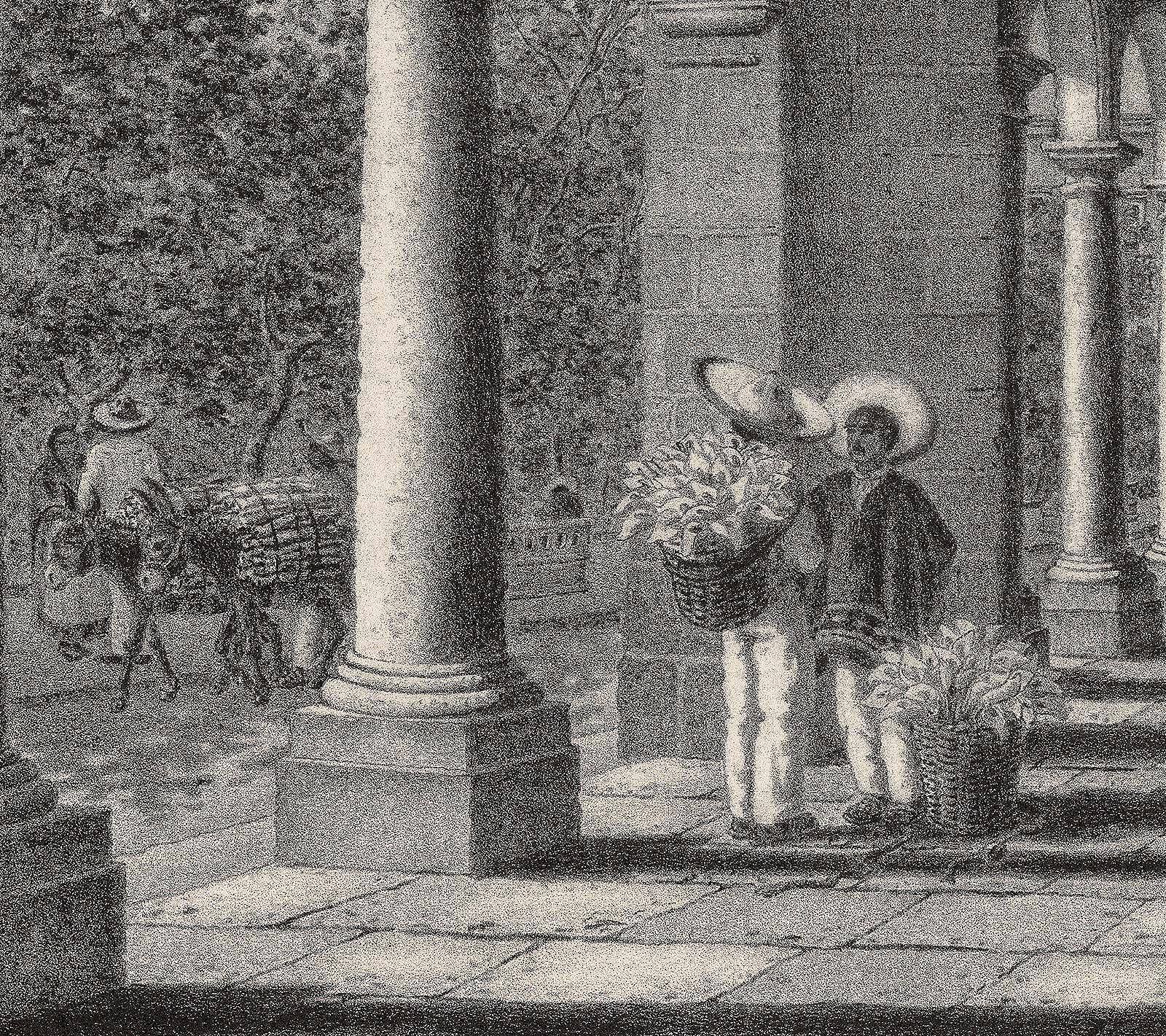 Flower Sellers (Market day in Mexico underneath the colonnade) - Print by Alan Horton Crane