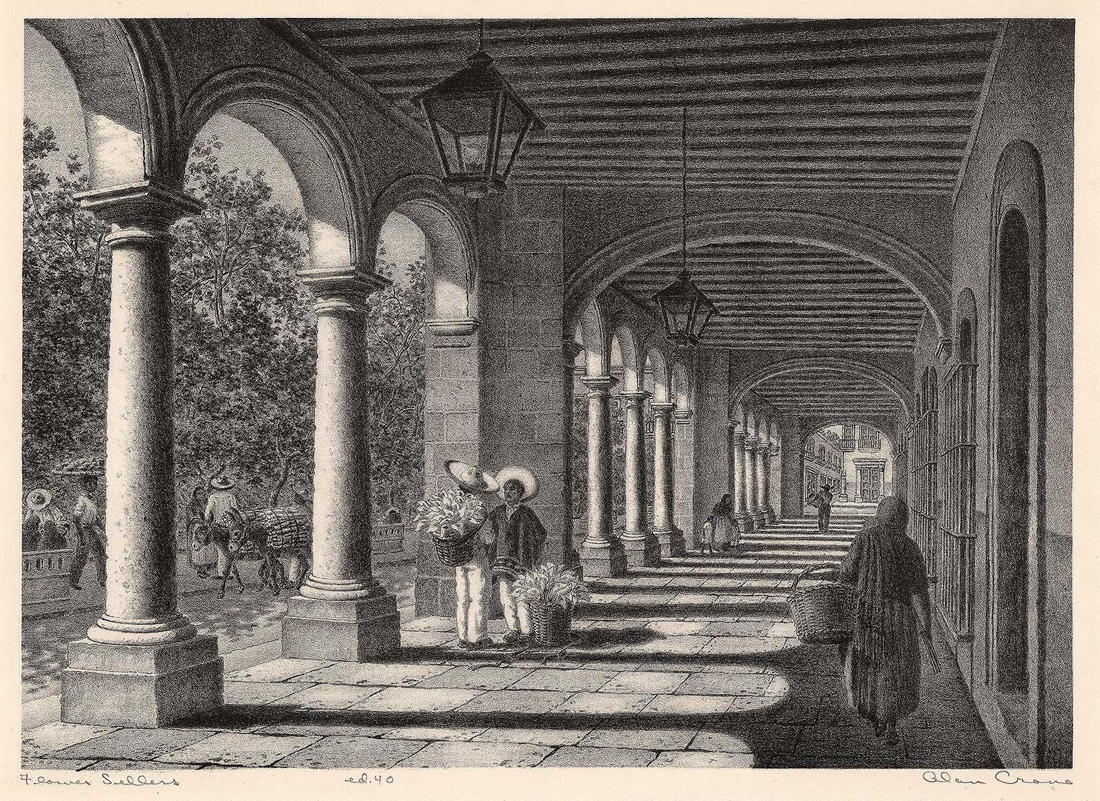 Flower Sellers (Market day in Mexico underneath the colonnade) - Gray Landscape Print by Alan Horton Crane