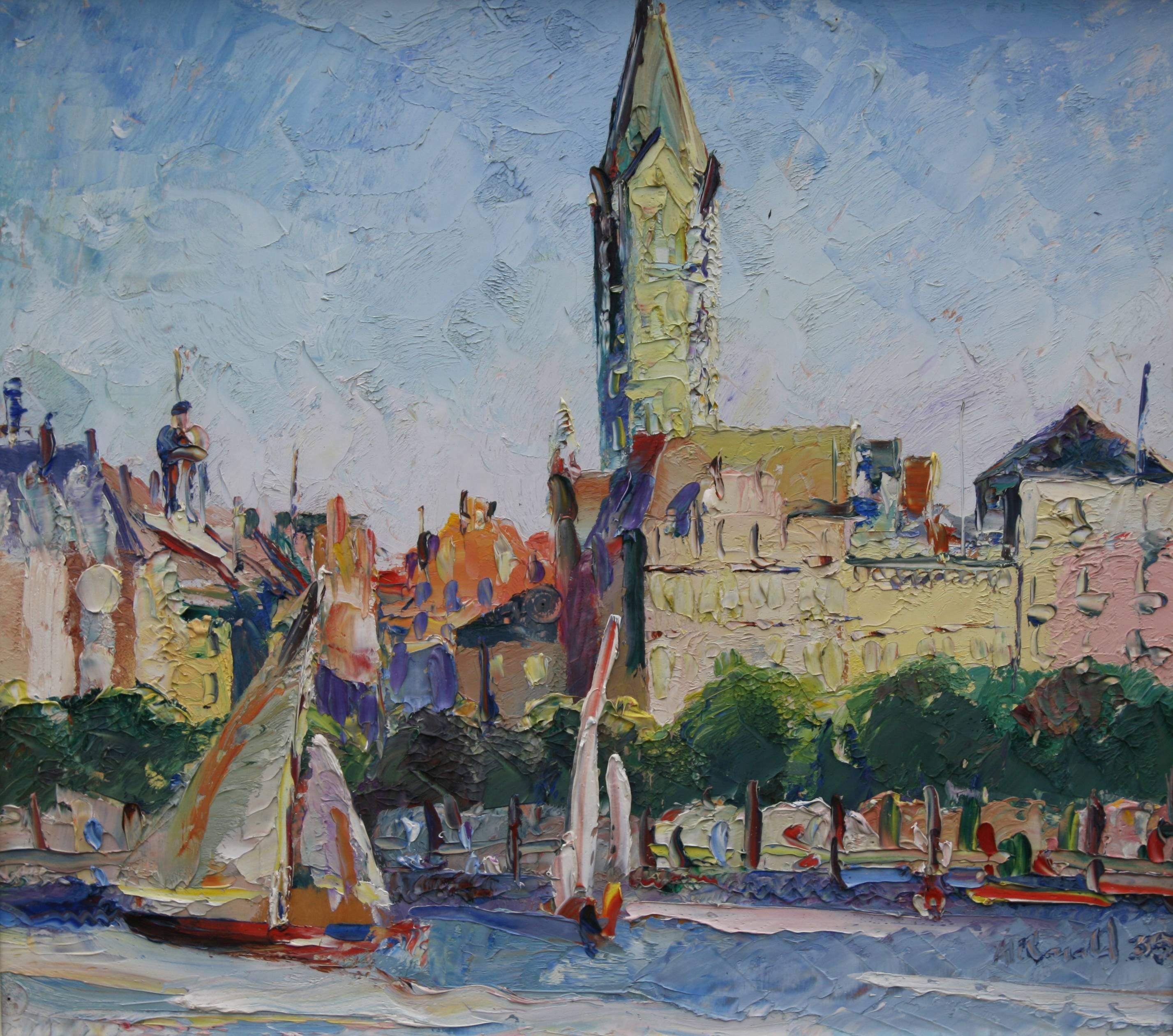 The Alster Hamburg - Scottish 30's Expressionist oil painting riverscape Germany - Painting by Alan Ian Ronald