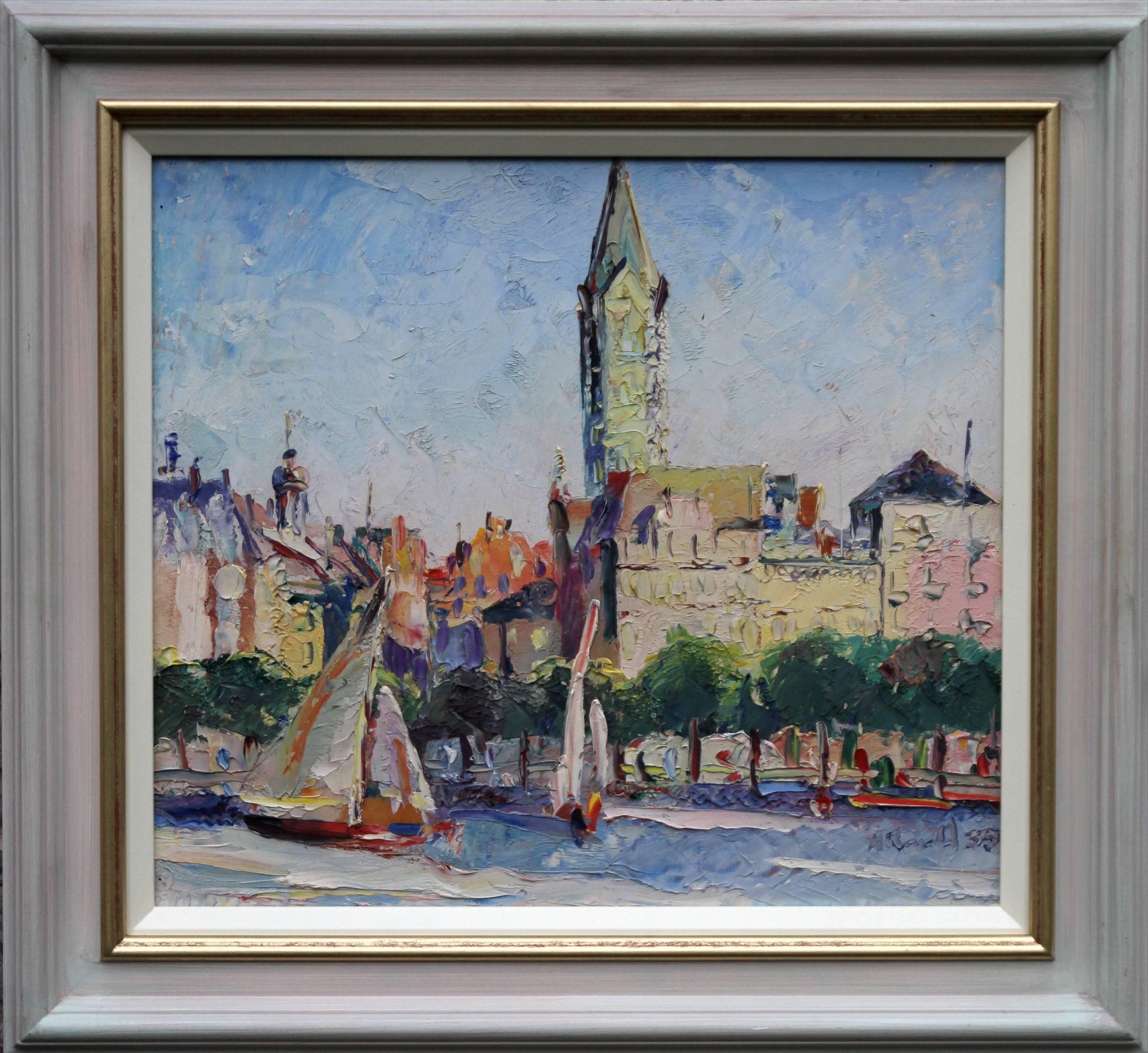 Alan Ian Ronald Landscape Painting - The Alster Hamburg - Scottish 30's Expressionist oil painting riverscape Germany