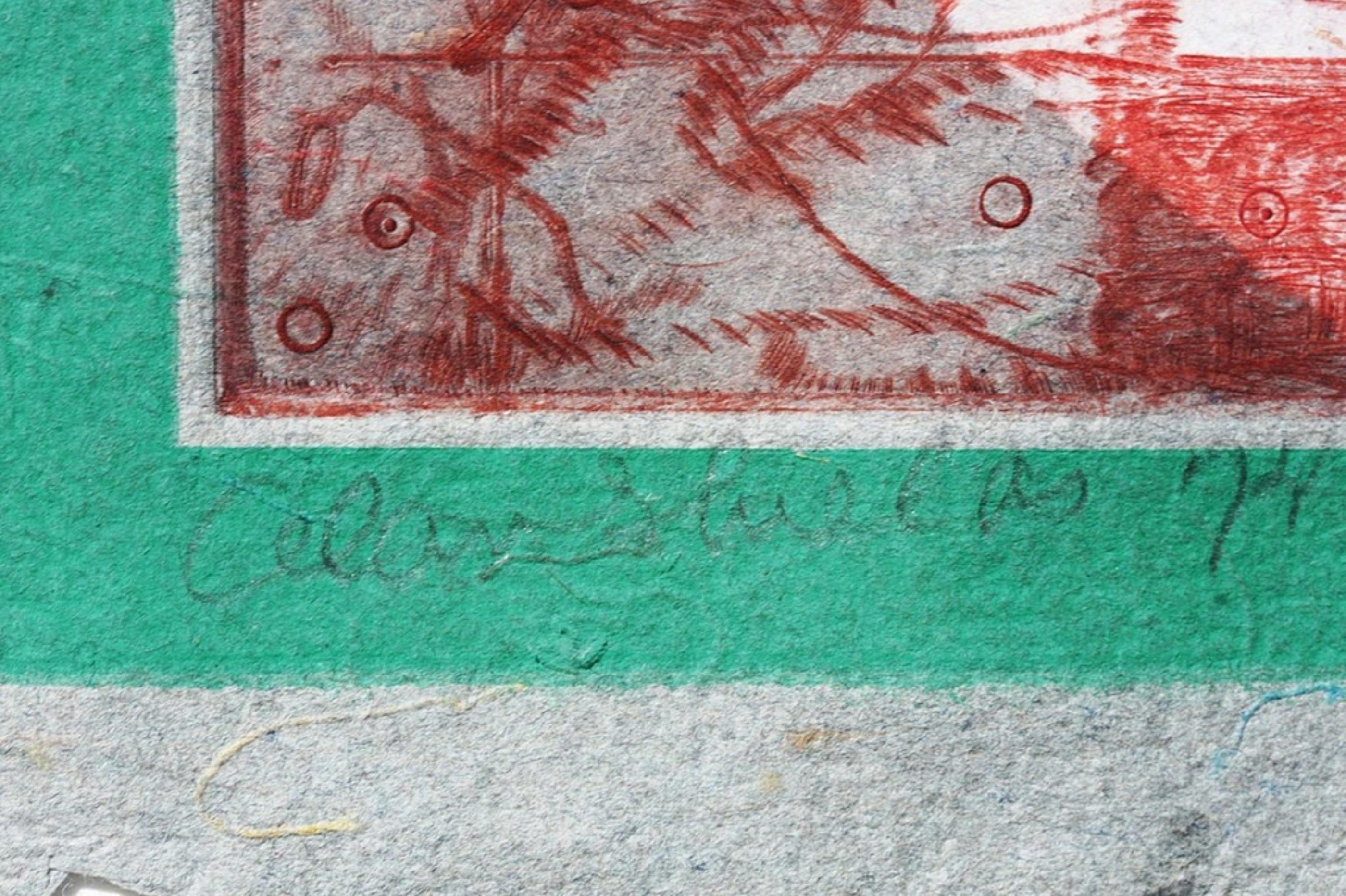 ALAN SHIELDS
Frieden des Felsens, 1974
Aquatinta & Siebdruck
Signiert und nummeriert 14/20 in Graphitstift recto
Inklusive Rahmen: in originalem Vintage-Rahmen gehalten 
Abmessungen:
19 3/4 Quadratzentimeter (gerahmt)
14 x 15 Zoll
