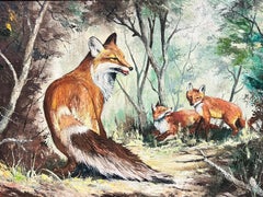 The Fox and Cubs In Woodland Signed British Oil Painting