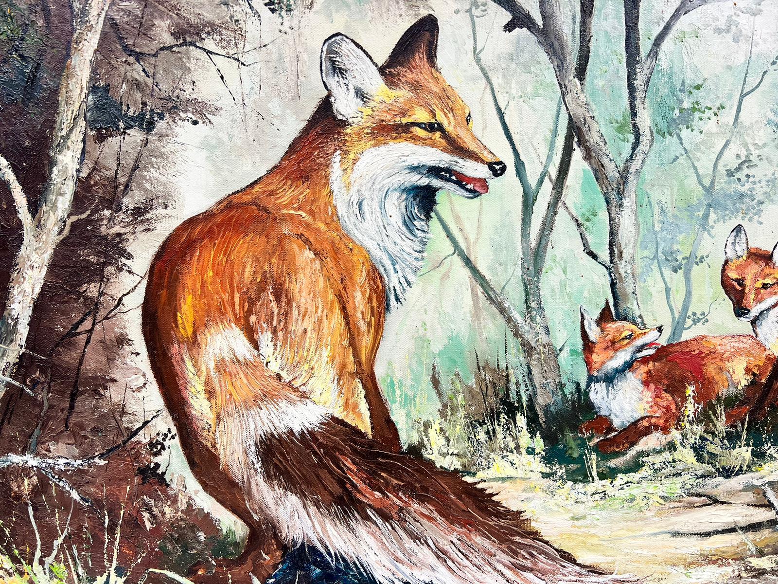 The Fox and Cubs In Woodland Signed British Oil Painting For Sale 1