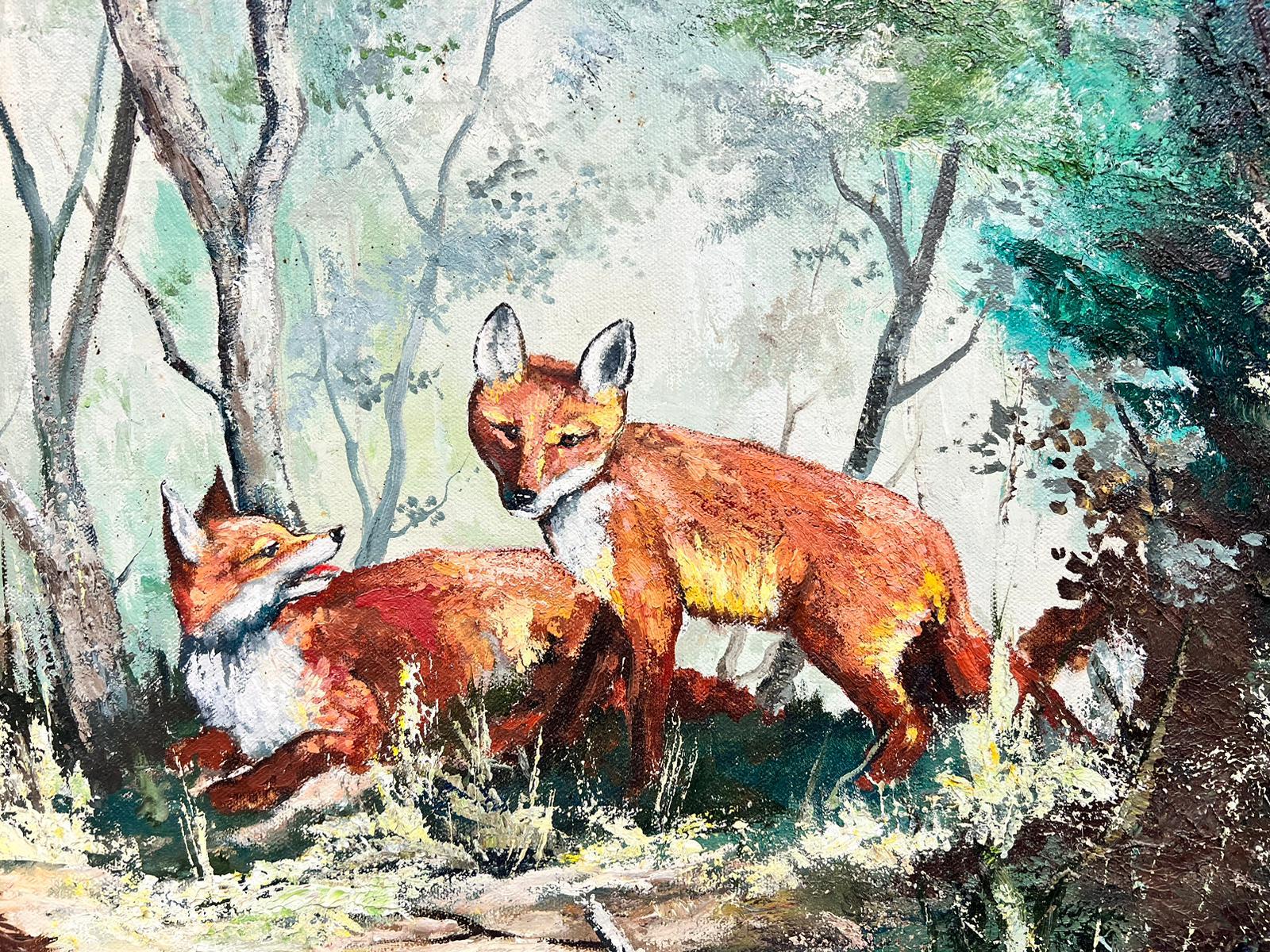 The Fox and Cubs In Woodland Signed British Oil Painting For Sale 2