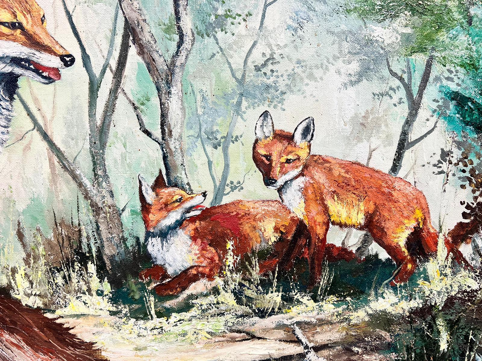 The Fox and Cubs In Woodland Signed British Oil Painting For Sale 4