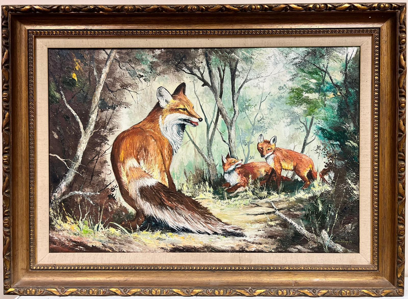 Peinture à l'huile britannique « The Fox and Cubs In Woodland » signée