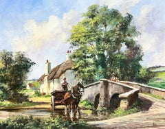 Traditional English Rural Oil Painting Horse & Cart Crossing Stream in Fields