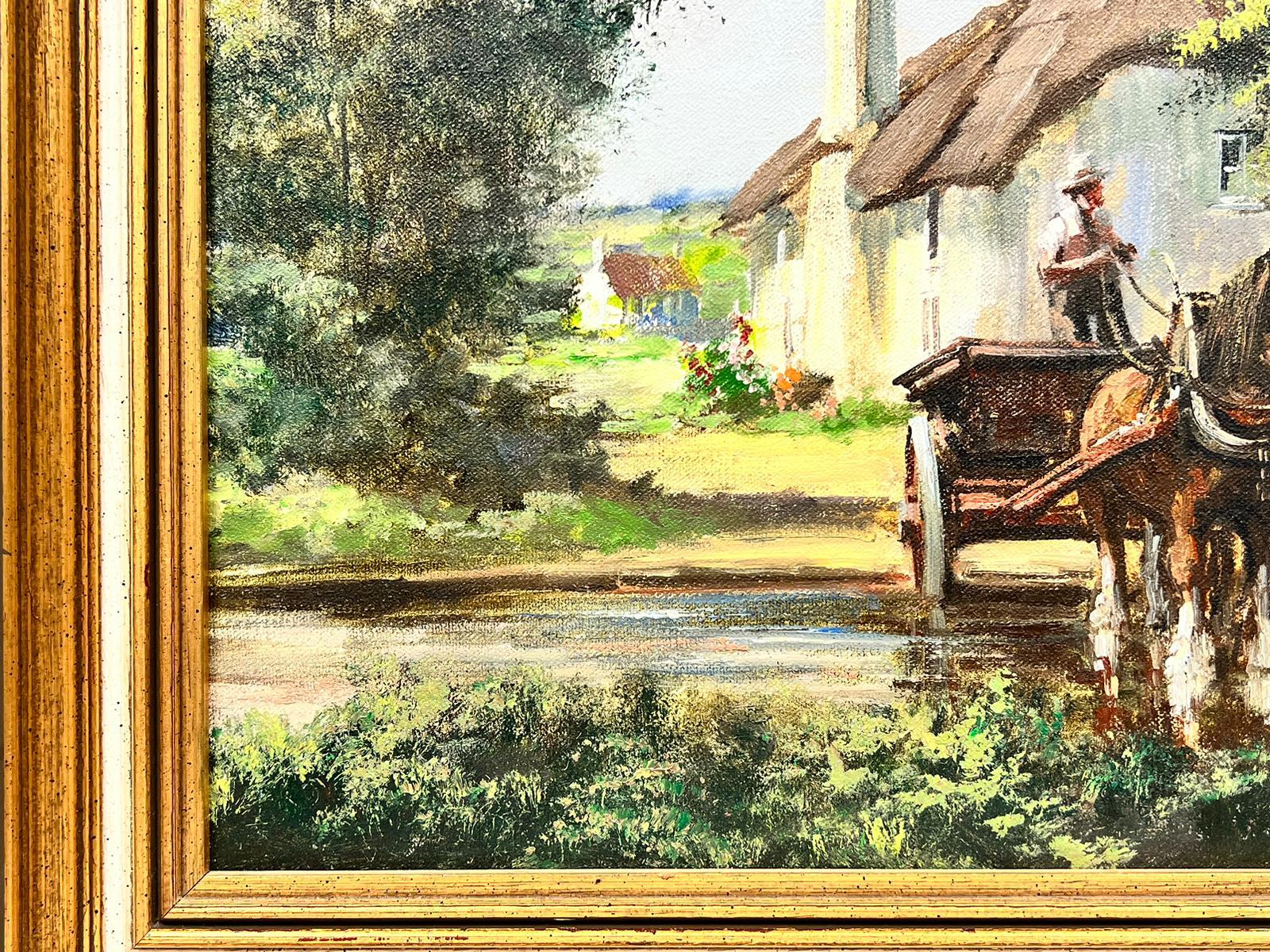 Traditional English Rural Oil Painting Horse & Cart Crossing Stream in Fields For Sale 1