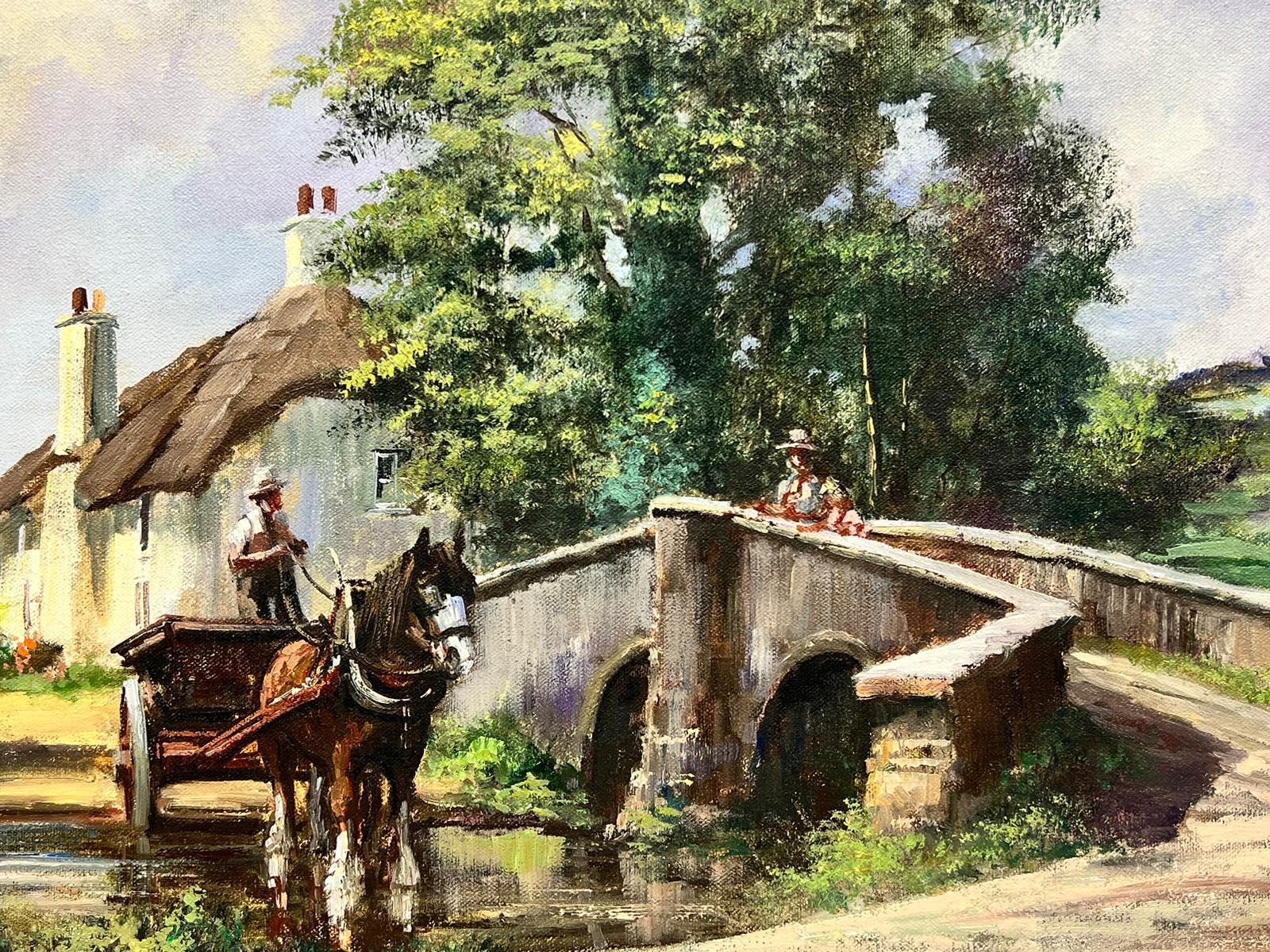 Traditional English Rural Oil Painting Horse & Cart Crossing Stream in Fields For Sale 2