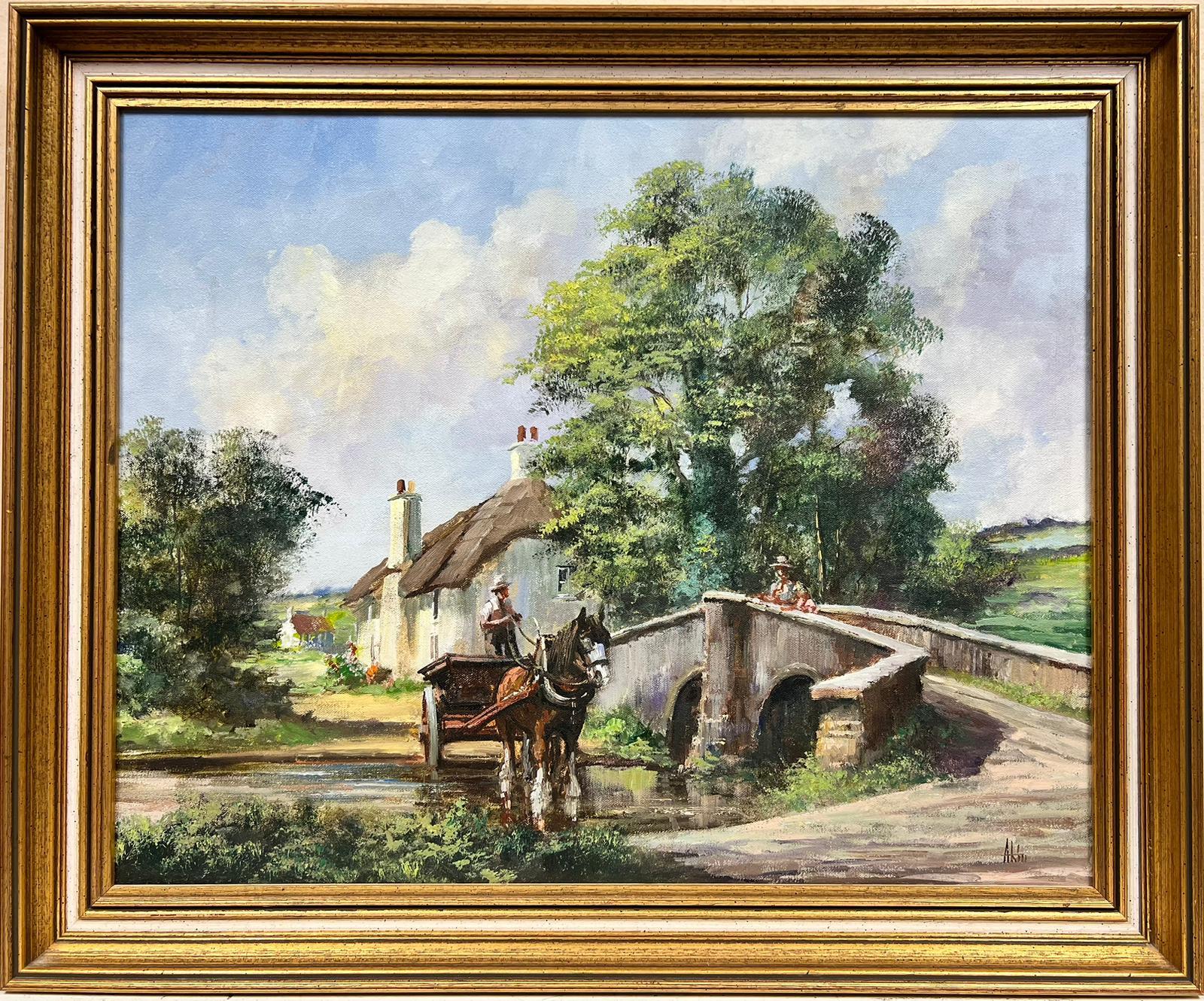 Alan King Landscape Painting - Traditional English Rural Oil Painting Horse & Cart Crossing Stream in Fields