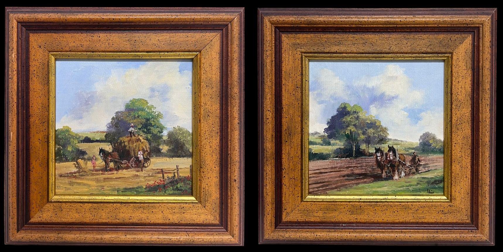  Alan King of Malvern Landscape Painting - Pair of Traditional English Rural Farming Scenes Loading Haycart 
Plough Horses