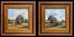 Pair of Traditional English Rural Farming Scenes Loading Haycart & Plough Horses