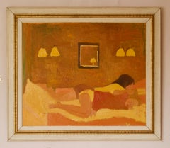 Pareja de lesbianas en la cama - Pintura al óleo de finales del siglo XX por Alan Lambirth