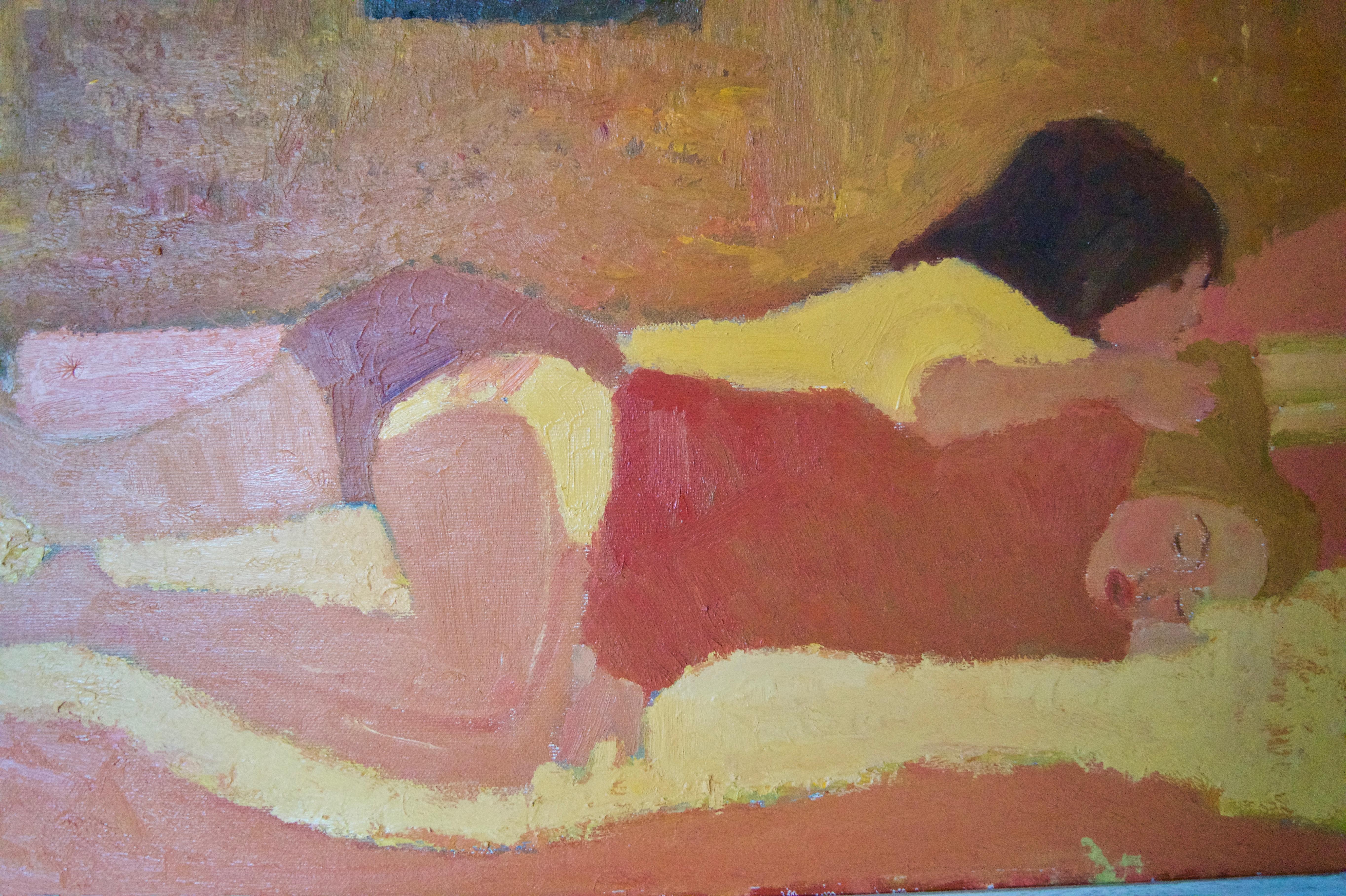 Alan Lambirth b 1959

RA Schools graduate
RA Schools student from 1980 to 1983

Piece is in a light wooden frame.

Keywords: young, woman, women, lesbian, gay, lovers, bed, bedroom, lazy day, orange, yellow, couple, late 20th century.