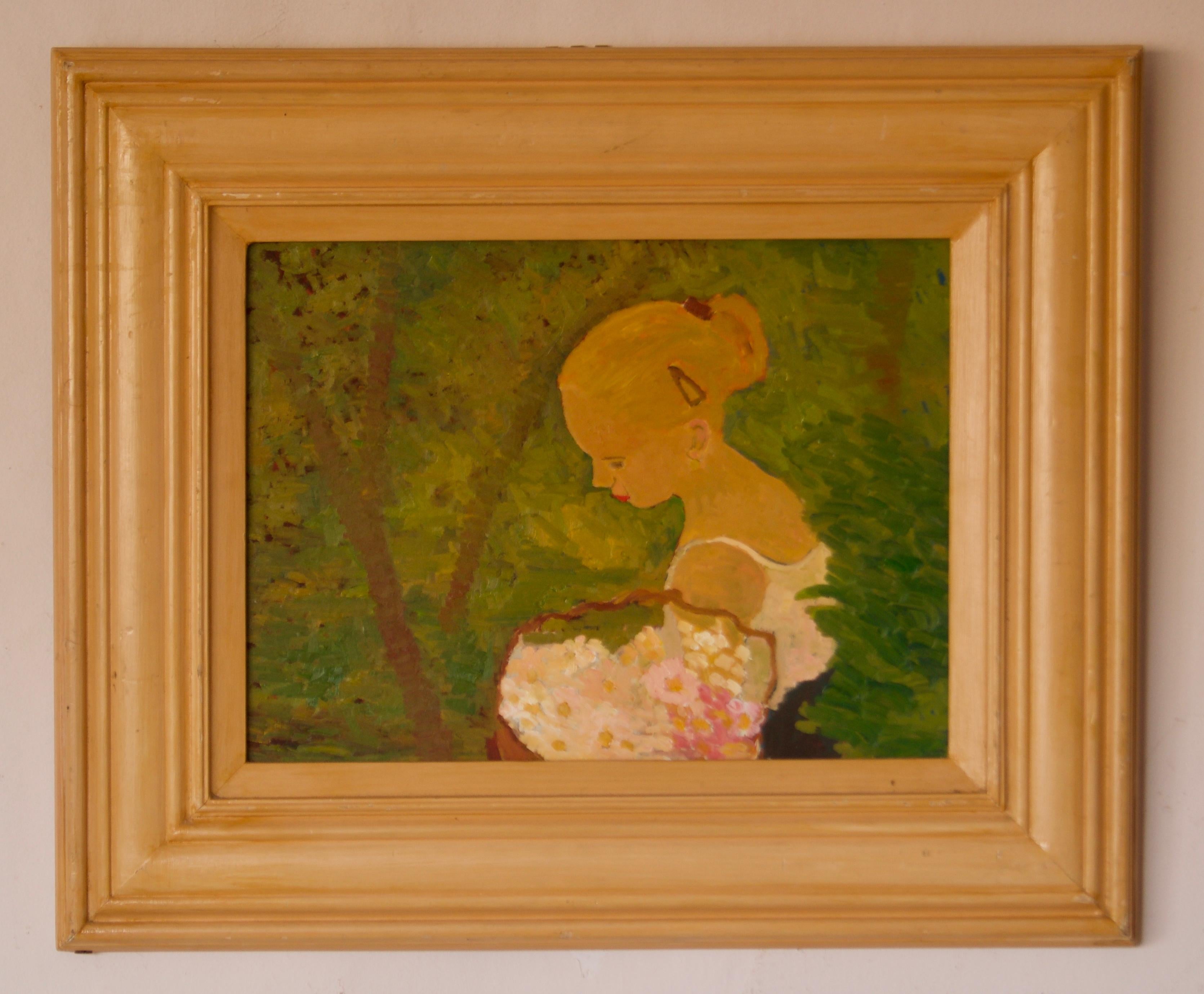 Young Woman with Flowers - Late 20th Century Impressionist Oil by Alan Lambirth For Sale 1