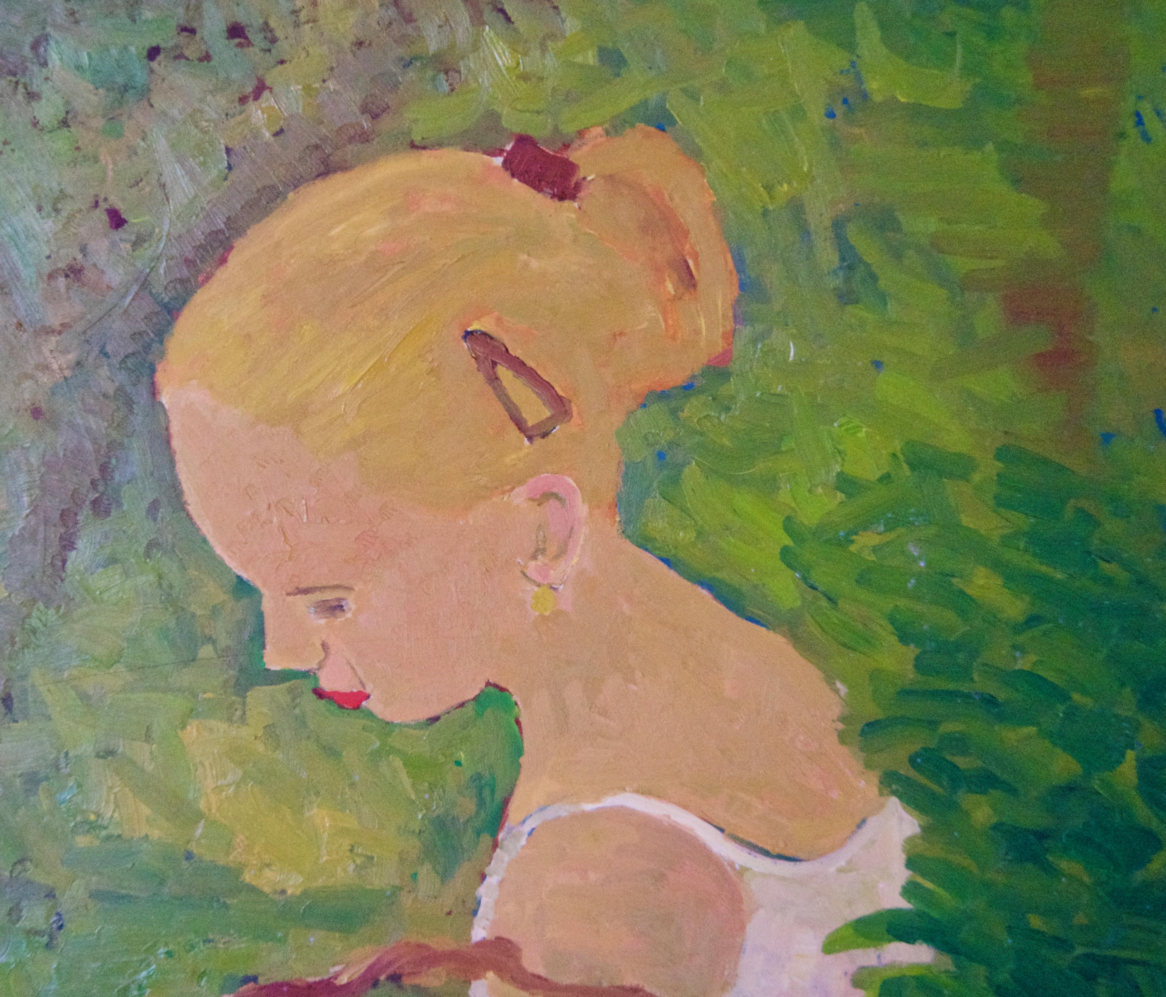 Young Woman with Flowers - Late 20th Century Impressionist Oil by Alan Lambirth For Sale 2