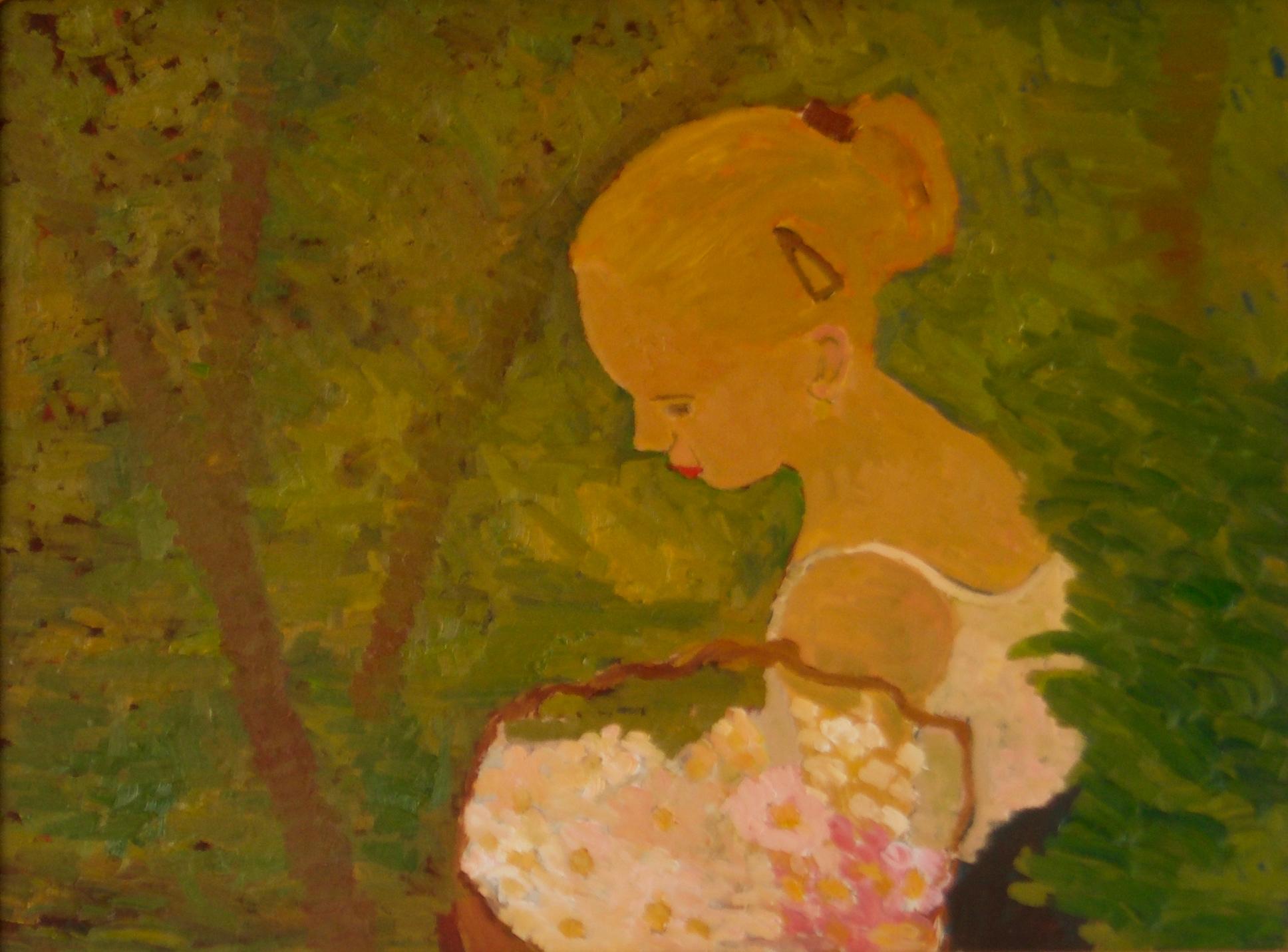 Jeune femme avec des fleurs - Huile impressionniste de la fin du 20e siècle par Alan Lambirth