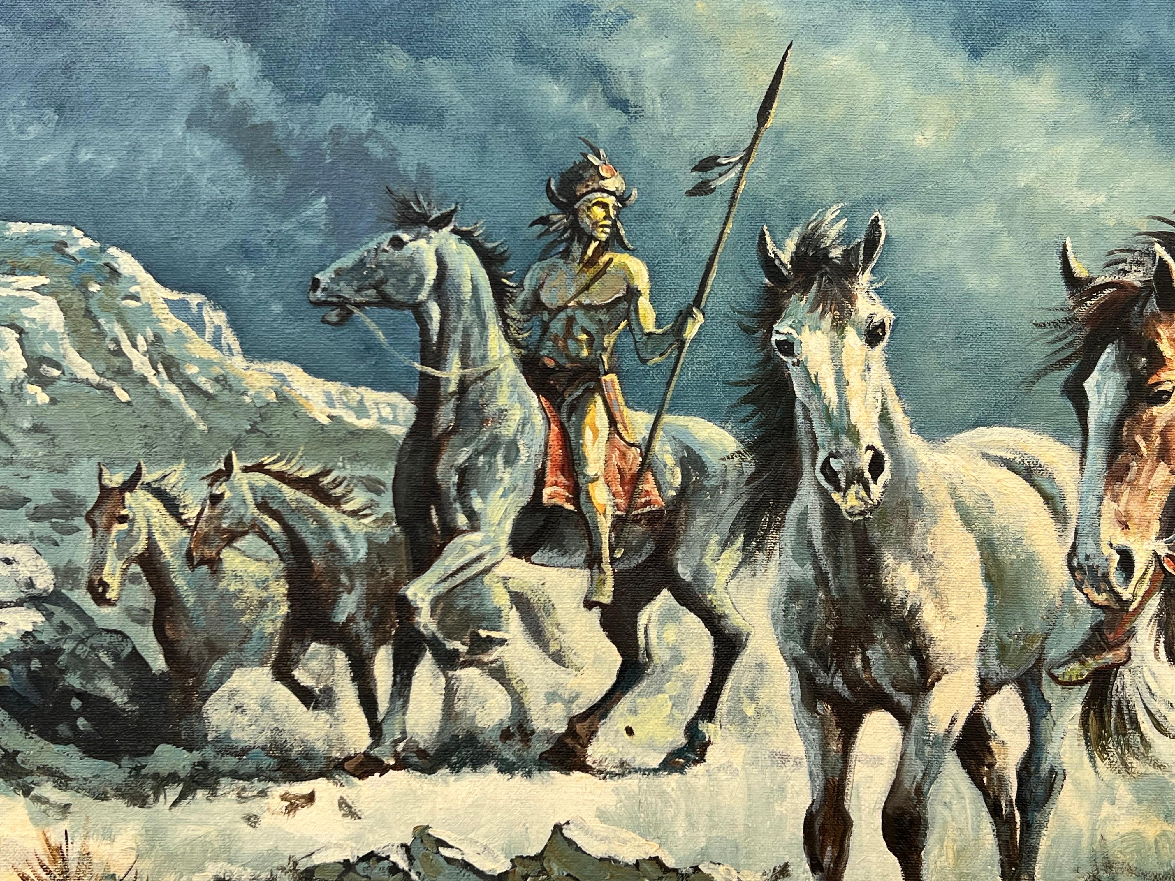 Native American Indian Warriors on Horseback with Dramatic Moonlit Landscape - Painting by Alan Langford