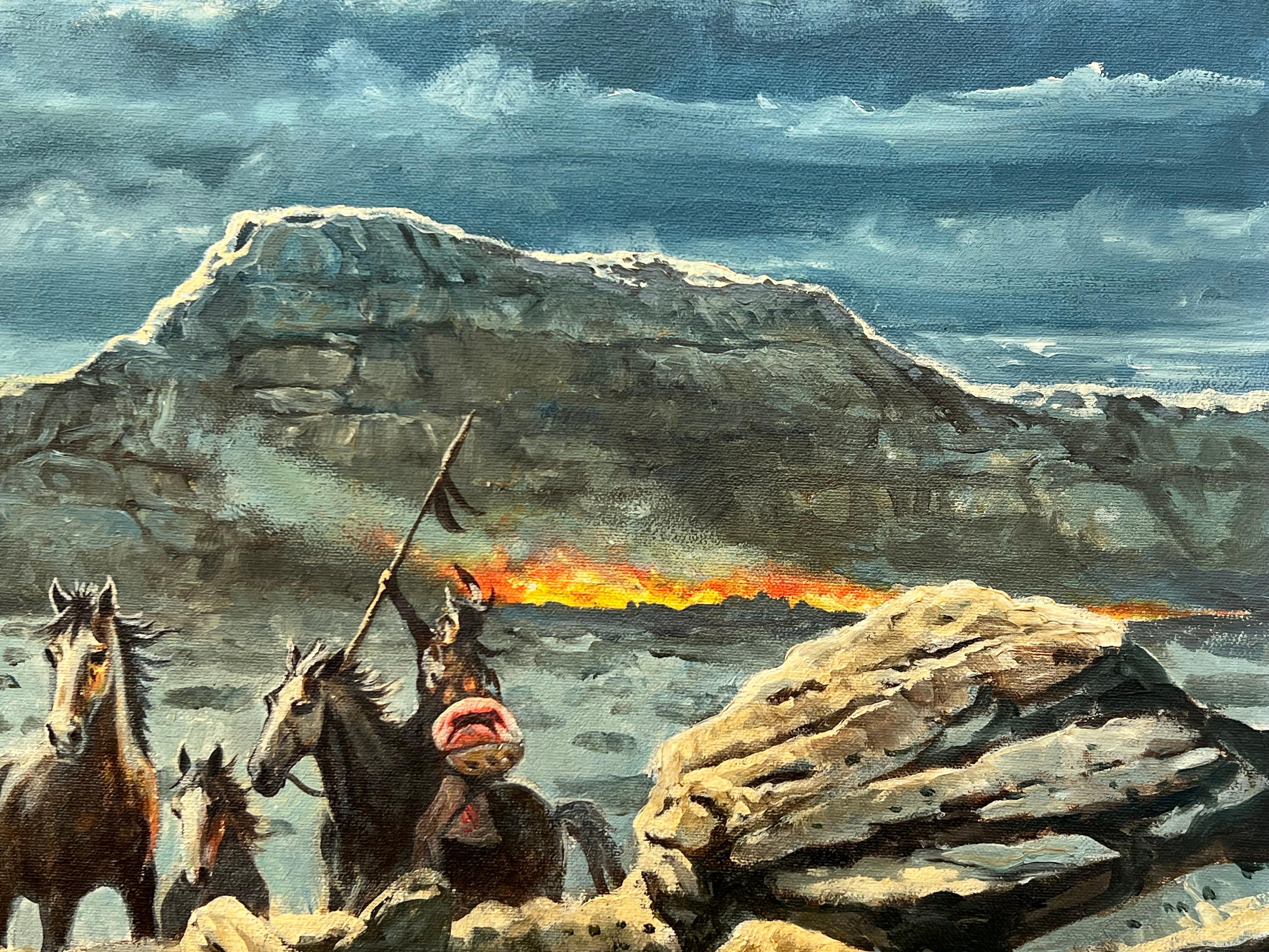 Guerreros indios nativos americanos a caballo con dramático paisaje iluminado por la luna Pintura al óleo del artista británico. 

Medidas de la obra 49 x 26 pulgadas 

Nacido en 1952 en Bournemouth, Alan Langford es un artista e ilustrador autónomo