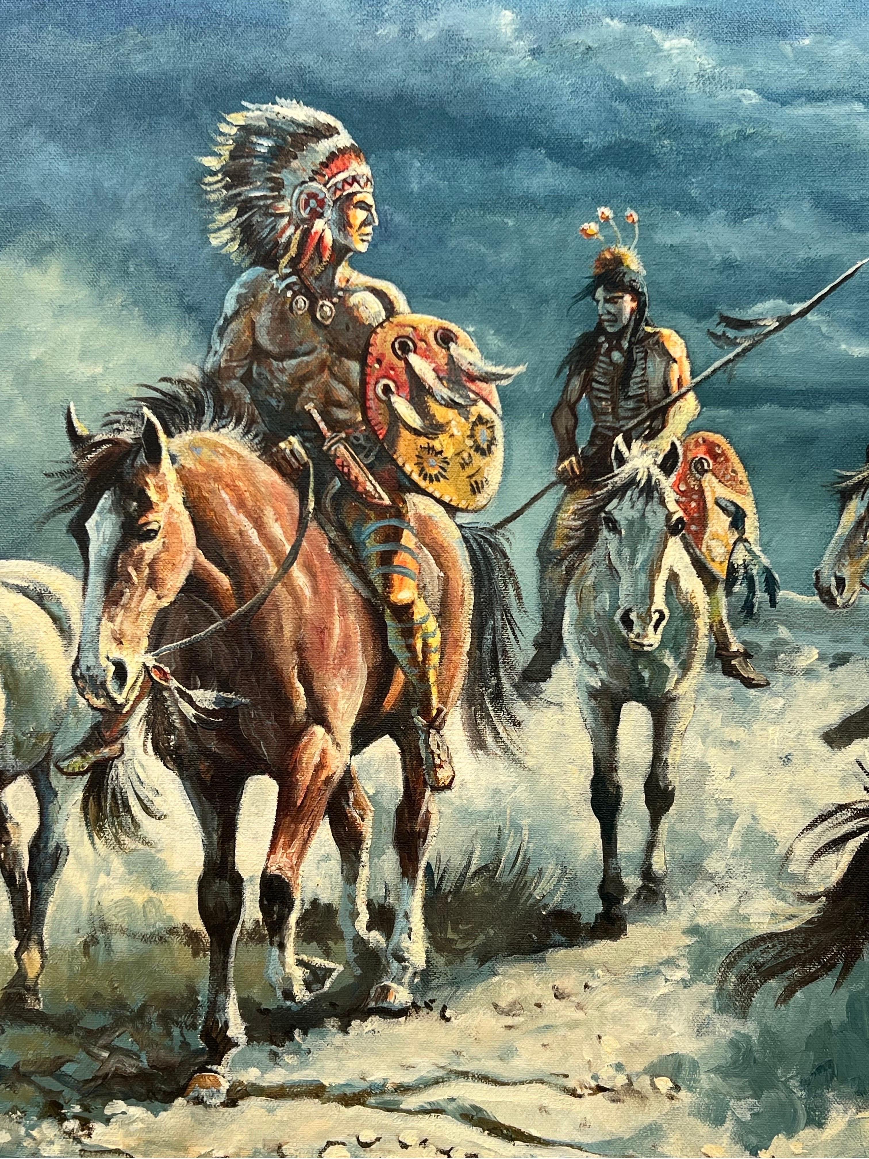 Native American Indian Warriors on Horseback with Dramatic Moonlit Landscape For Sale 2