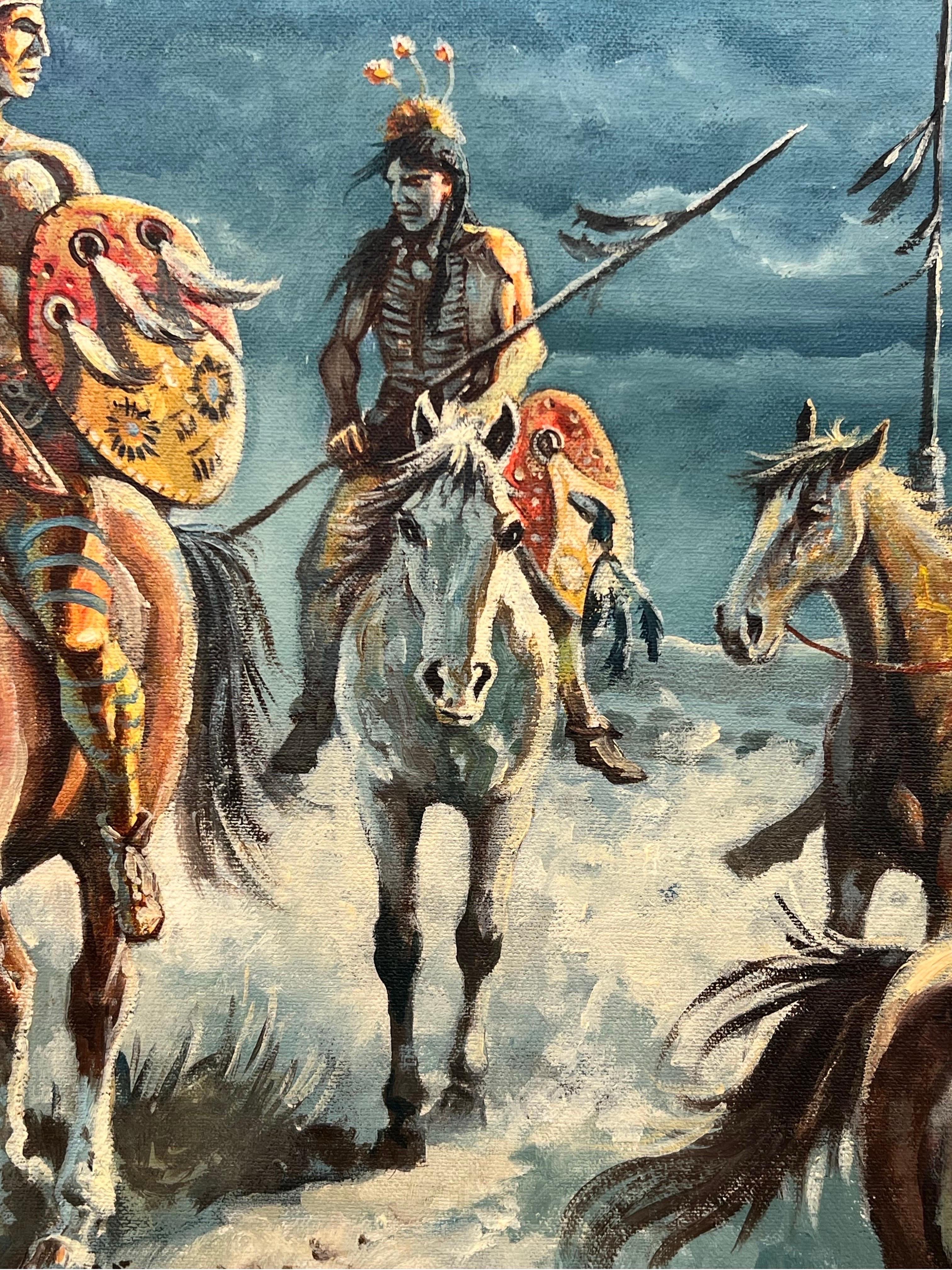 Warriors amérindiens à cheval sur un paysage dramatique en pleine lune en vente 3