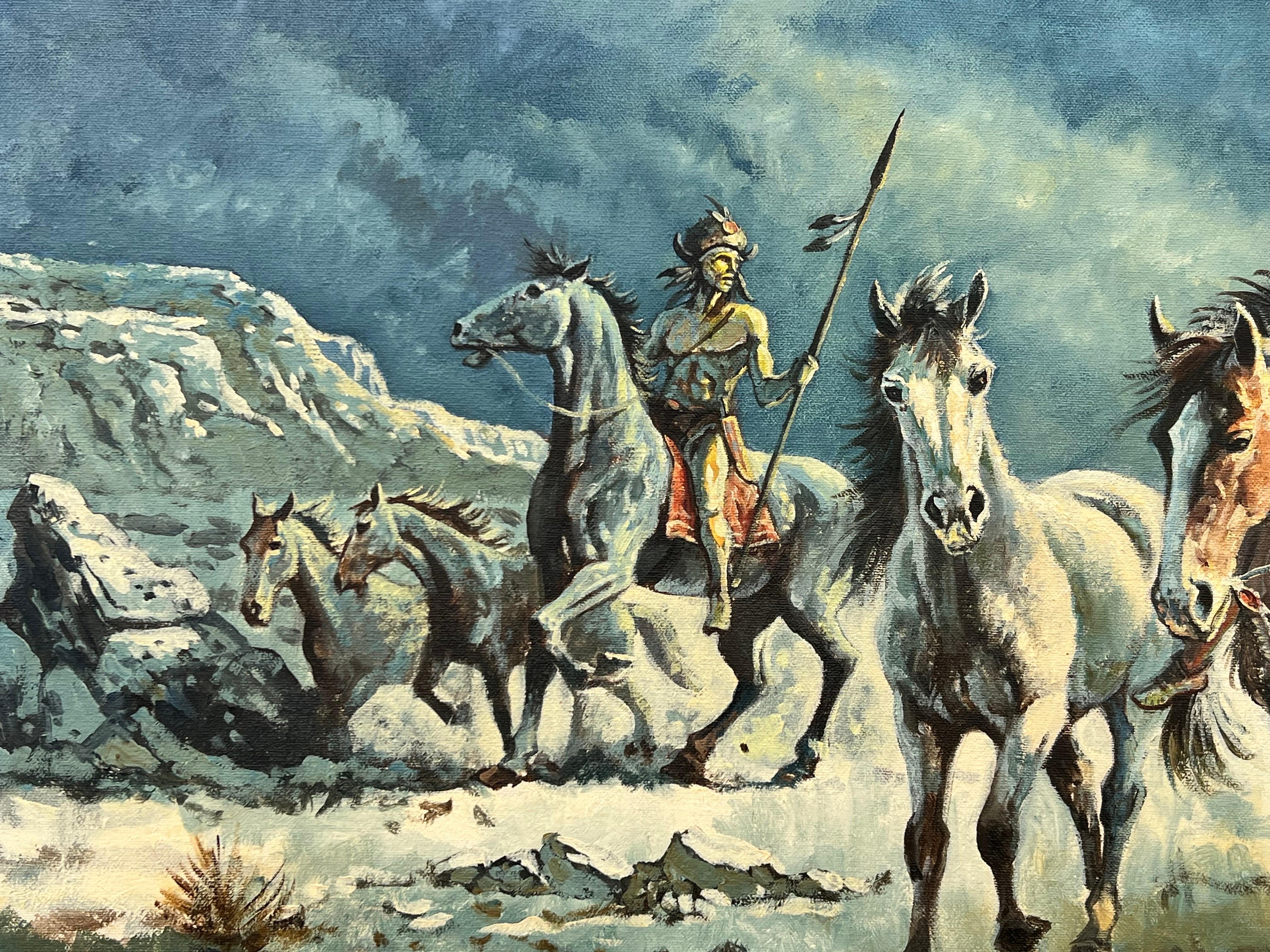 Native American Indian Warriors on Horseback with Dramatic Moonlit Landscape For Sale 4