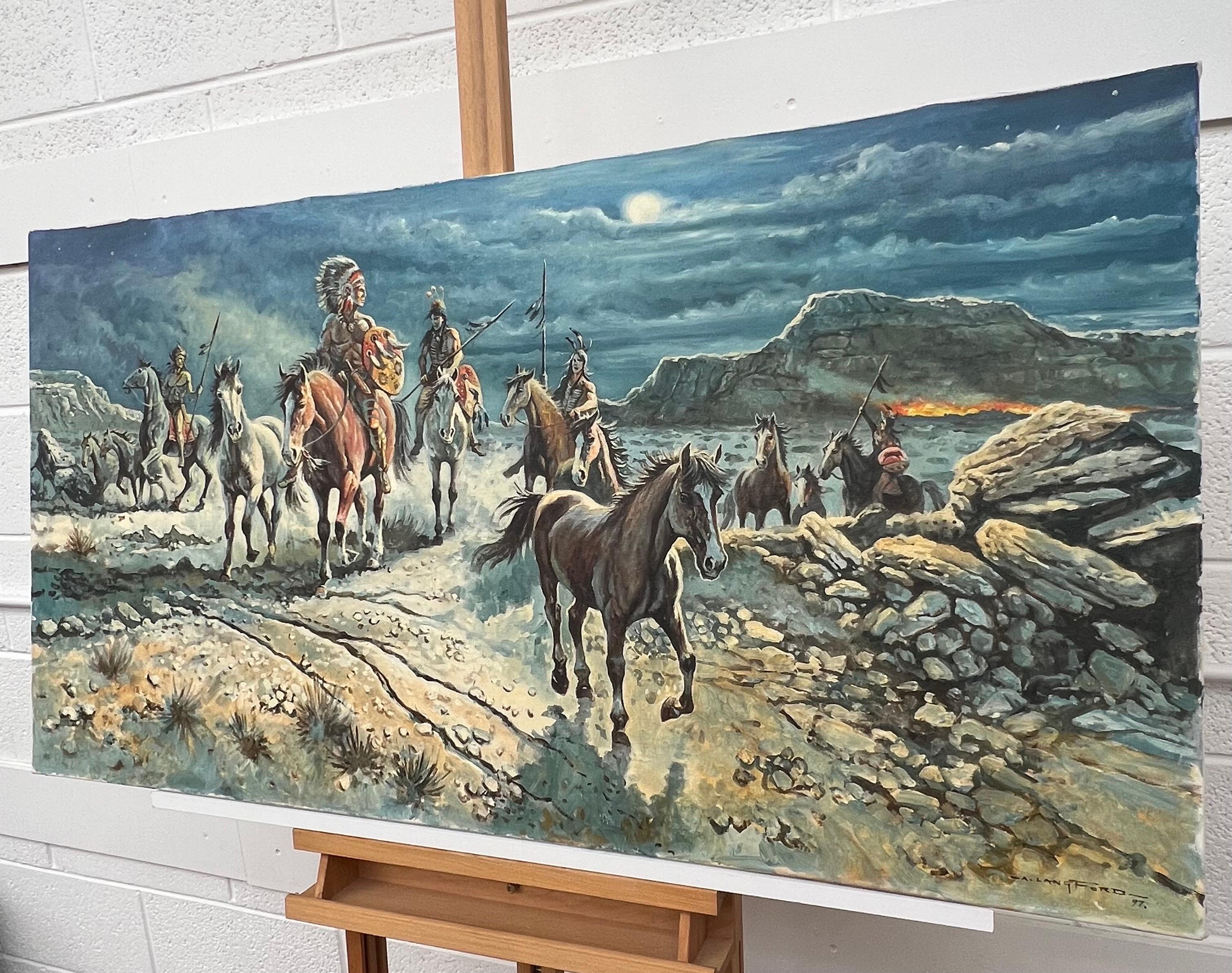 Guerreros indios nativos americanos a caballo con un dramático paisaje iluminado por la luna en venta 4