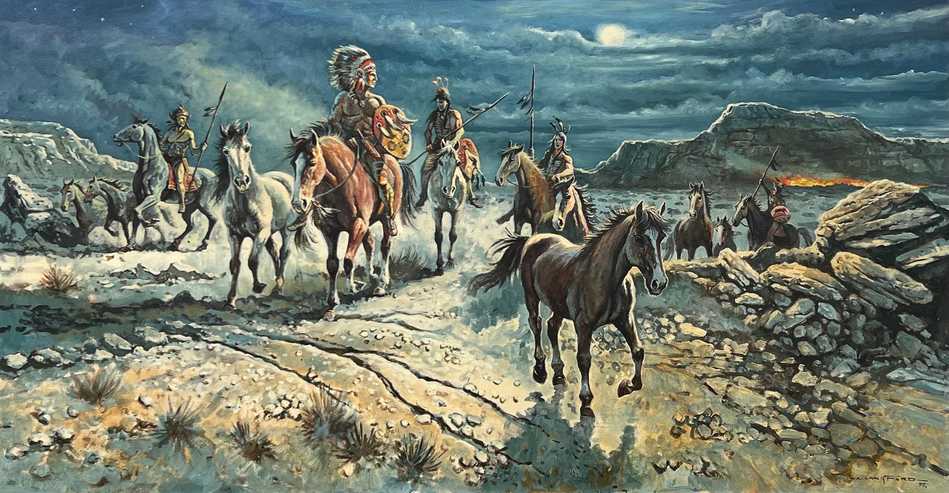 Alan Langford Animal Painting - Native American Indian Warriors on Horseback with Dramatic Moonlit Landscape