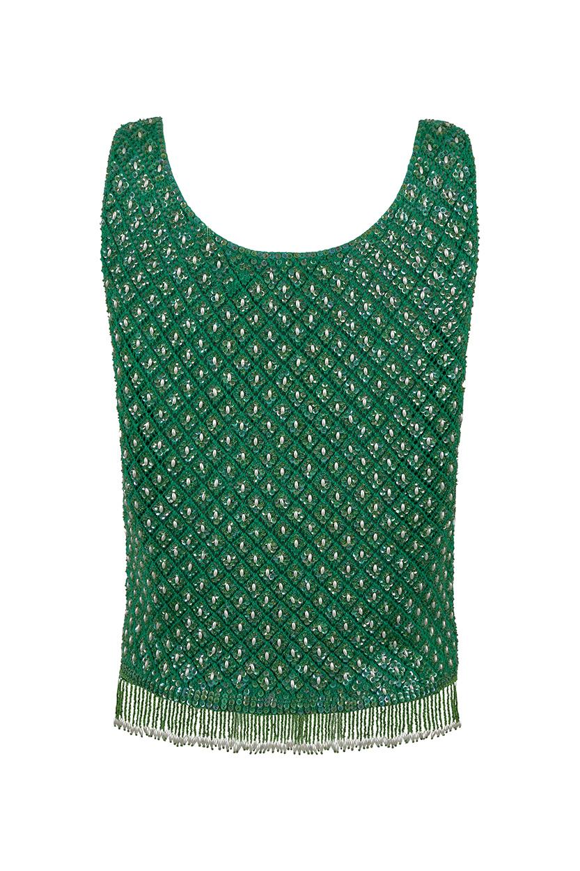 Alan Lee 1950s Emerald Wool Green Beaded Vest With Tassel Fringe In Excellent Condition For Sale In London, GB