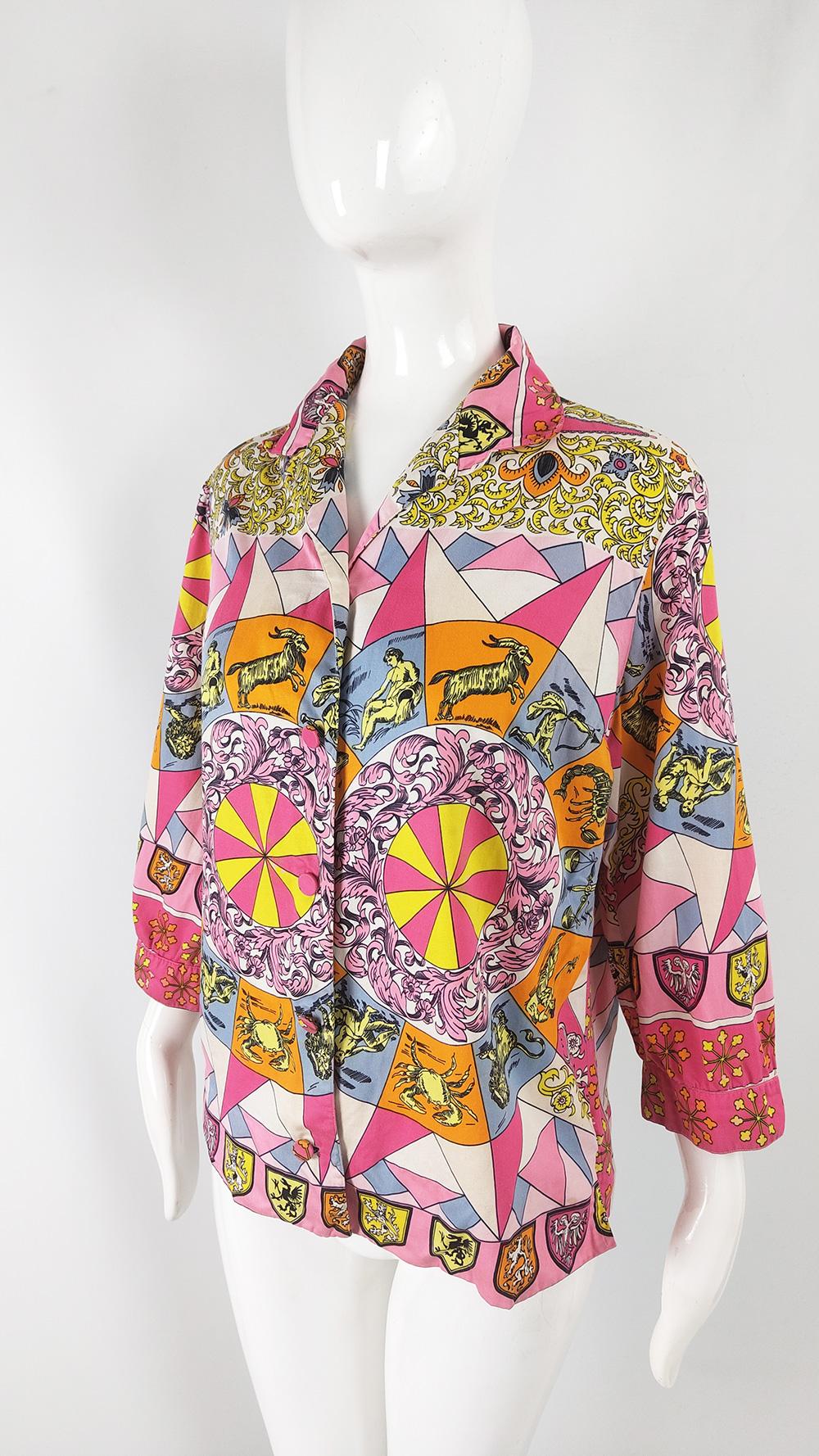 Alan Lee Vintage 60s Horoscope Astrology Print Pink Shirt Blouse, 1960s In Good Condition In Doncaster, South Yorkshire